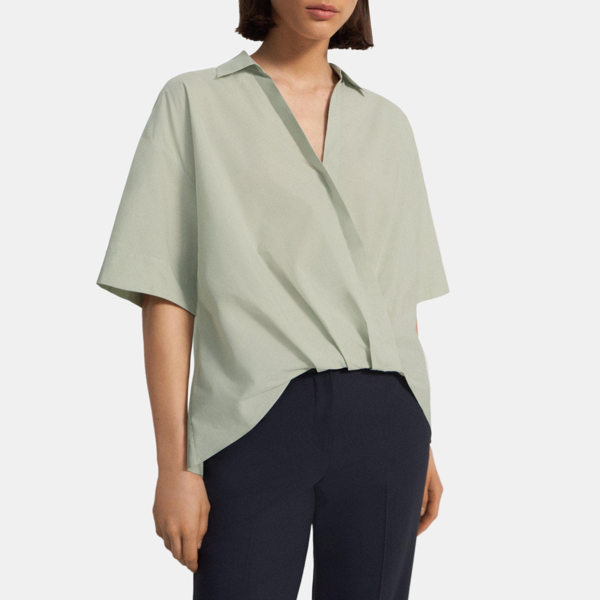 Theory Twist Short-Sleeve Shirt in Cotton Melange