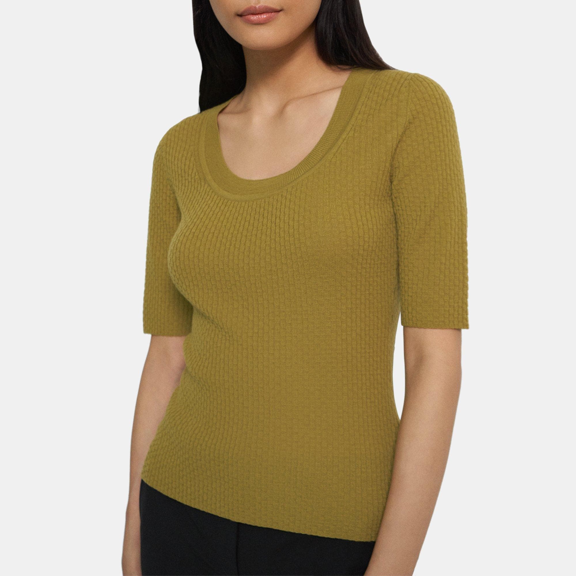 띠어리 Theory Short-Sleeve Scoop Neck Sweater in Merino Wool,WILLOW