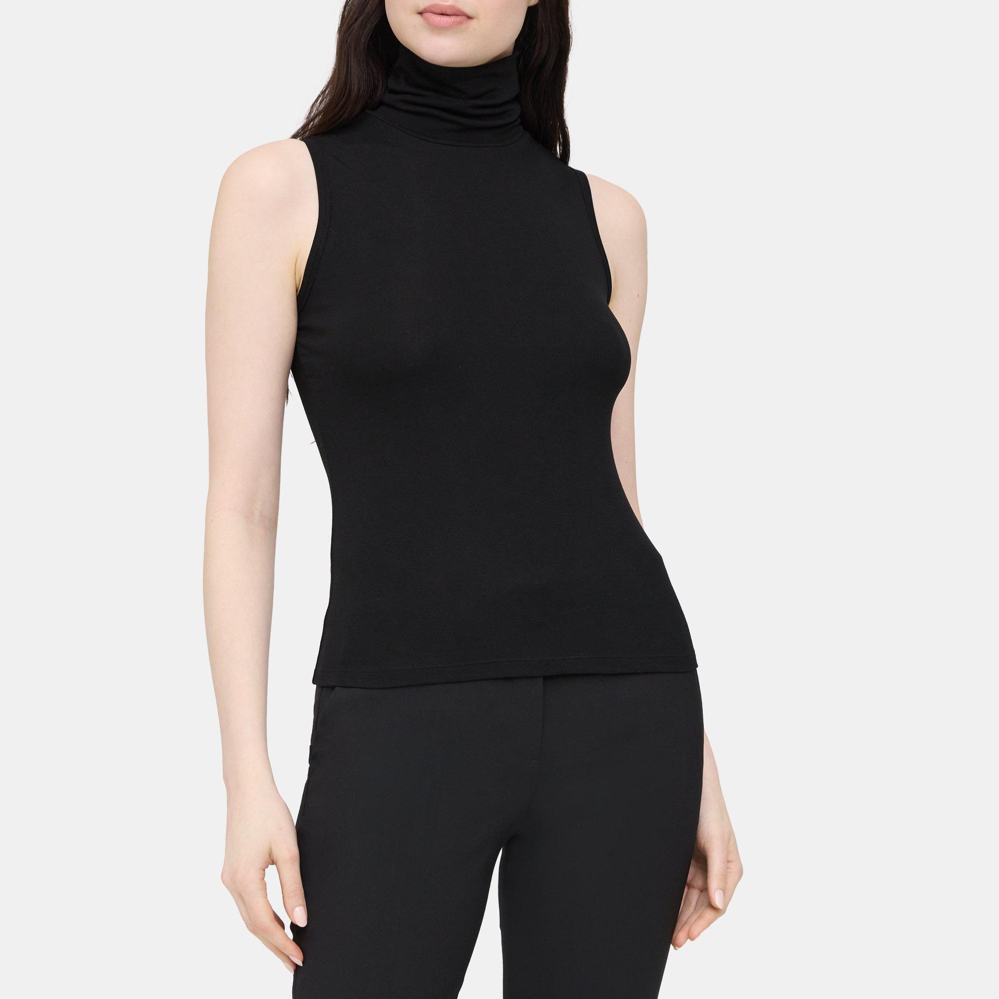 띠어리 Theory Sleeveless Turtleneck Top in Rib Knit Viscose,BLACK