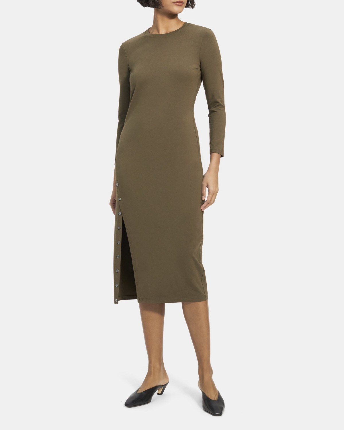 Button-Hem Long-Sleeve Dress in Modal Cotton
