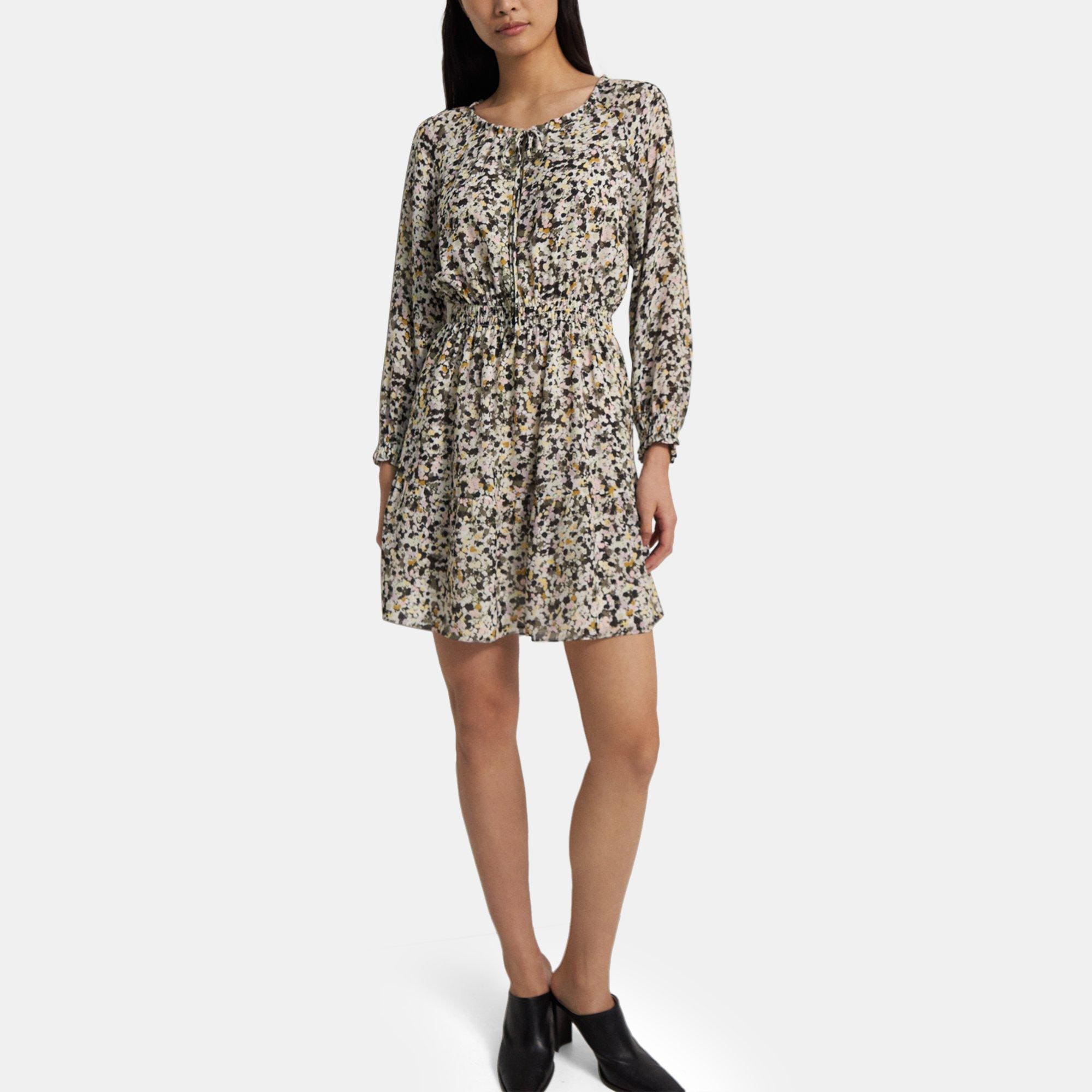 Floral Silk Crepe Gathered Shirt Dress | Theory Outlet