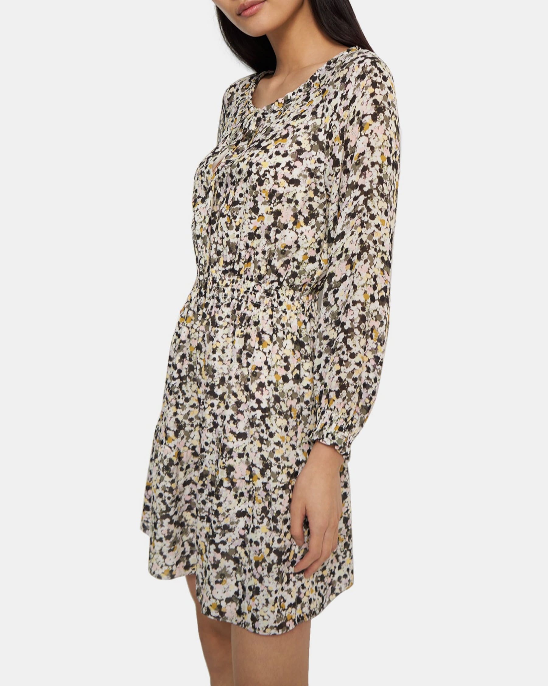 Gathered Shirt Dress in Floral Silk Crepe