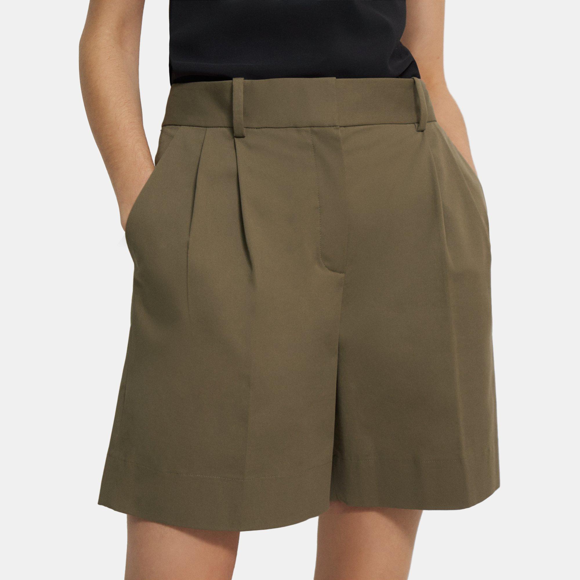 Beige Stretch Cotton Twill Pleated Short | Theory Outlet