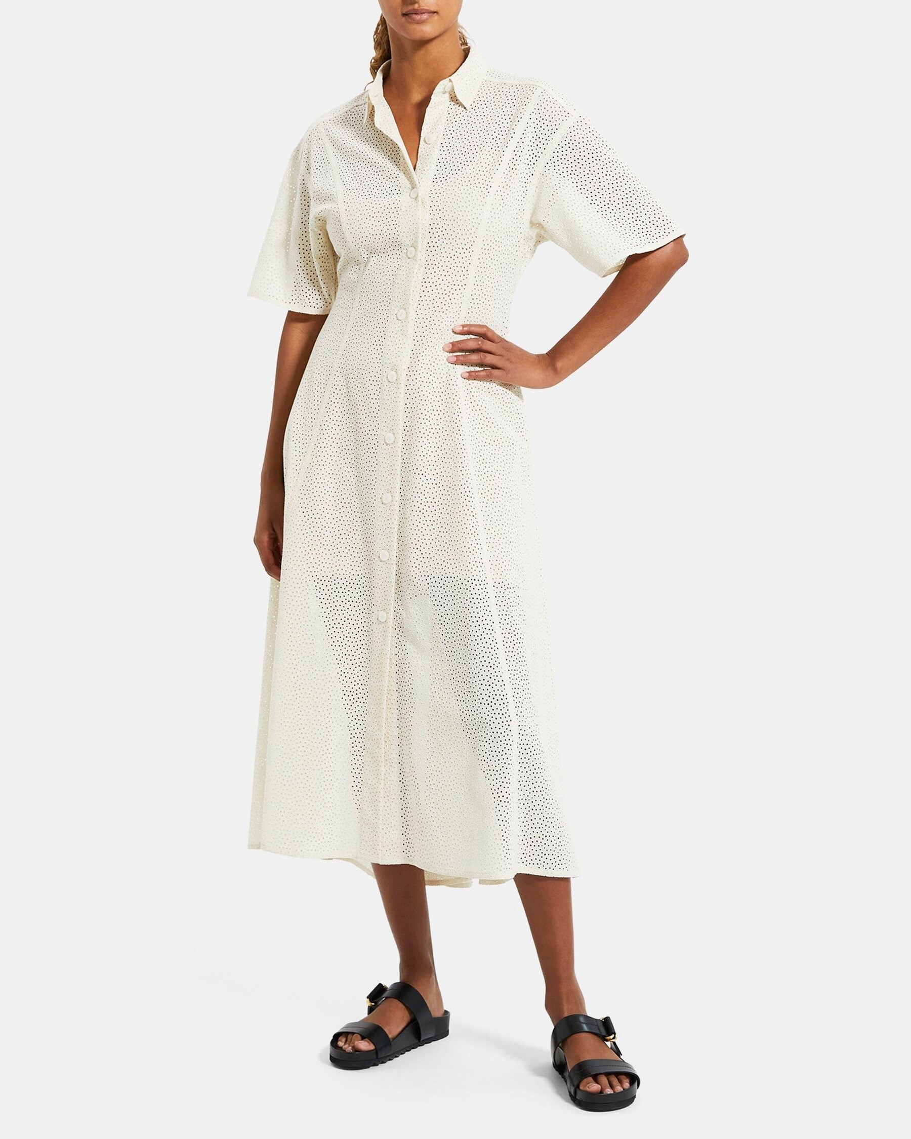 띠어리 Theory Short-Sleeve Shirt Dress in Cotton Eyelet,ECRU