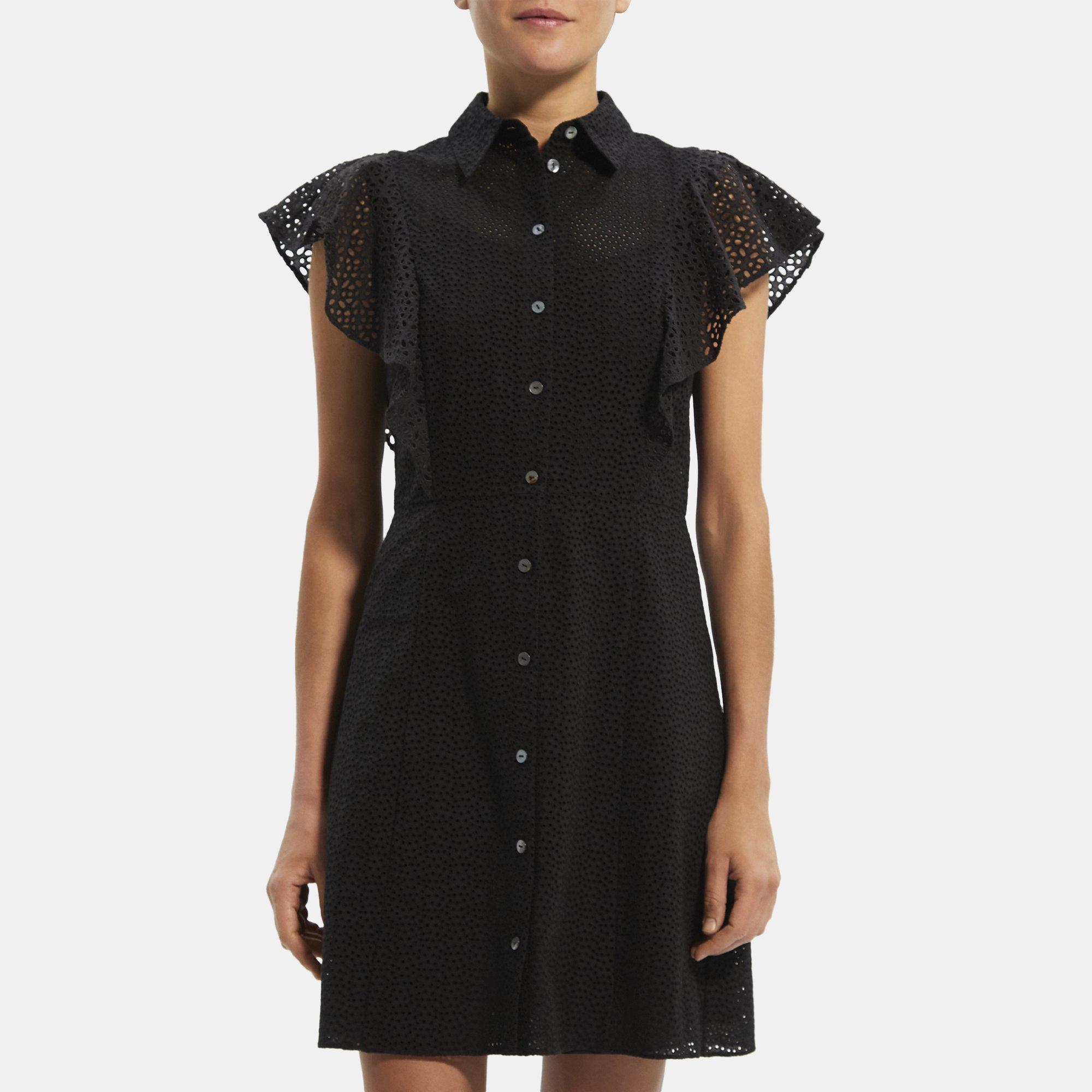 Theory Ruffled Shirt Dress in Cotton Eyelet