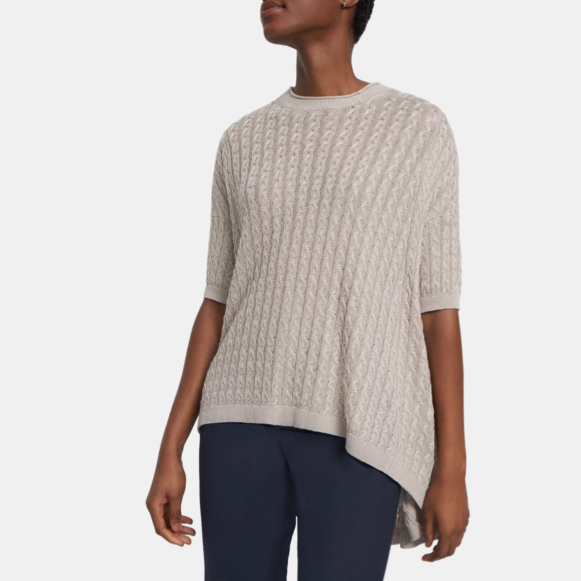 Theory Short-Sleeve Sweater in Cable Knit Linen
