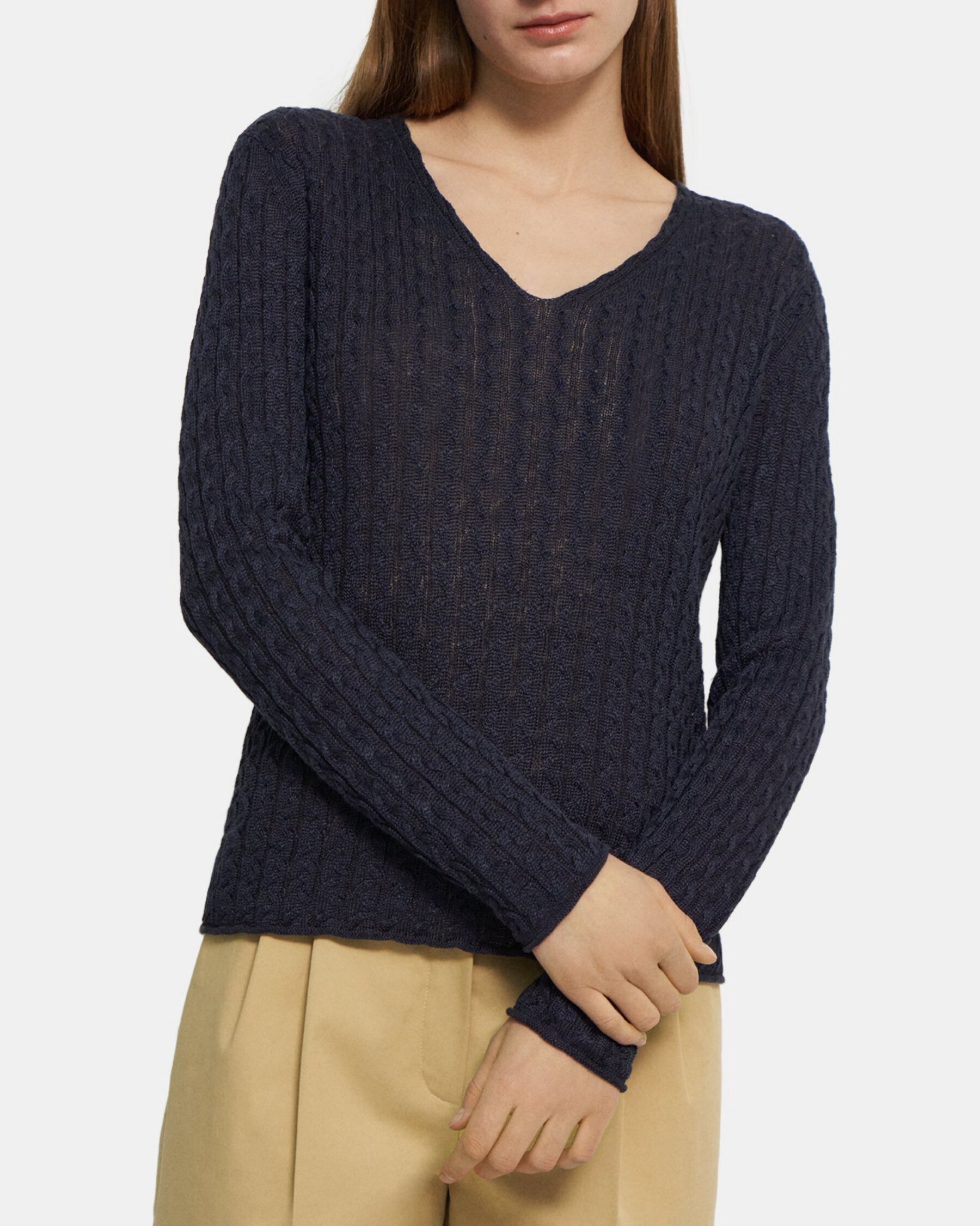 띠어리 Theory V-Neck Sweater in Cable Knit Linen,INKWELL