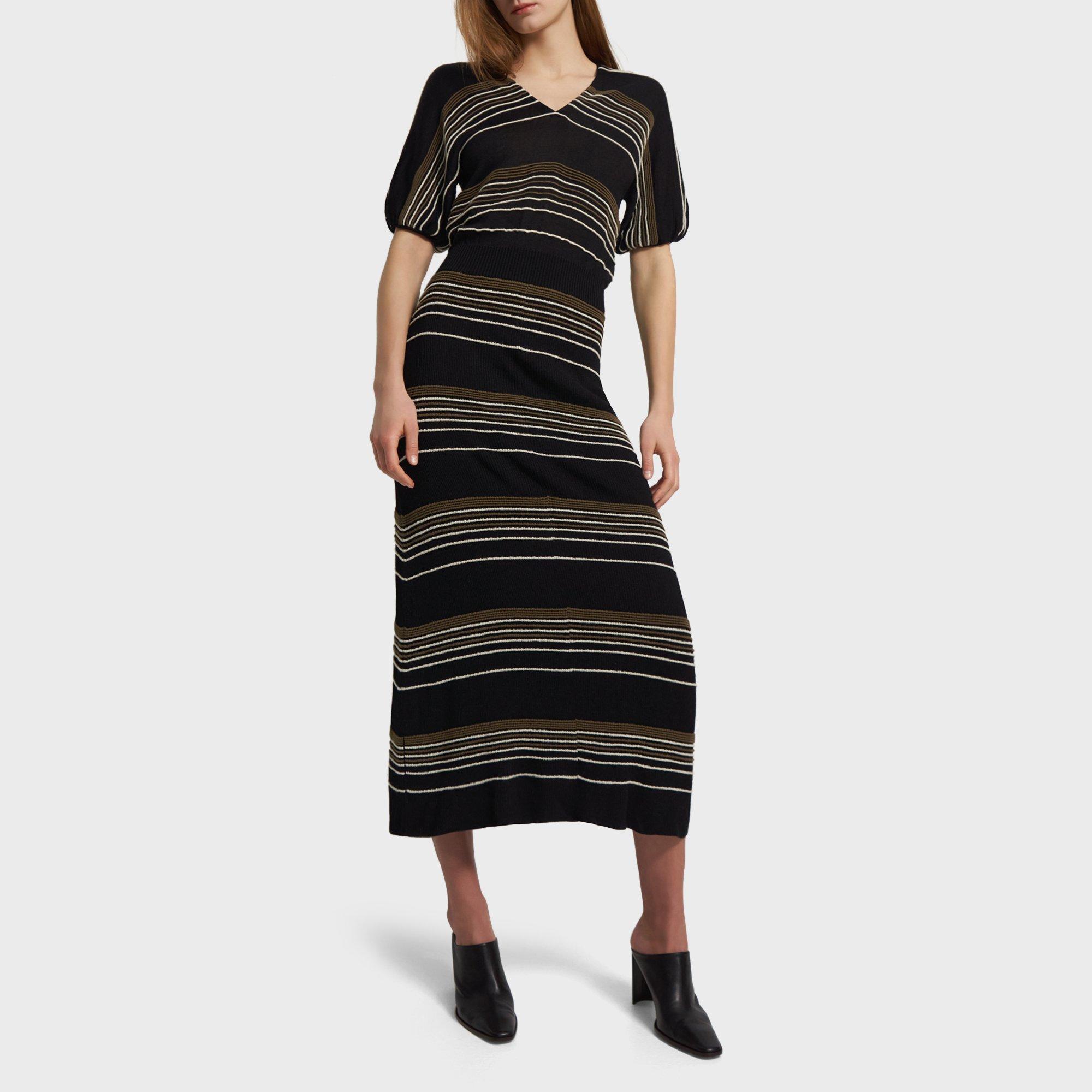띠어리 Theory Striped Rib Dress in Viscose-Wool,BLACK/ECRU/WILLOW