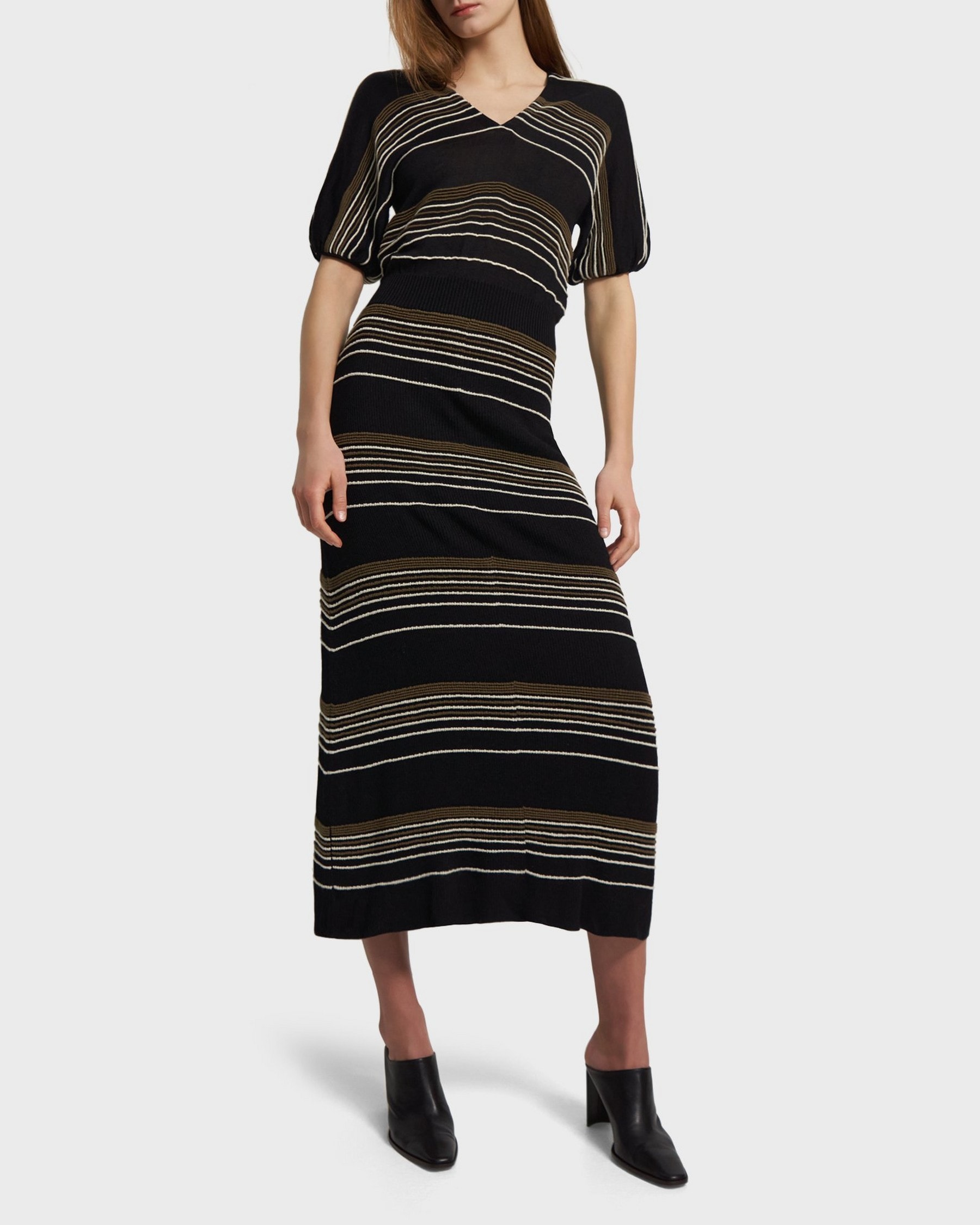 띠어리 Theory Striped Rib Dress in Viscose-Wool,BLACK/ECRU/WILLOW