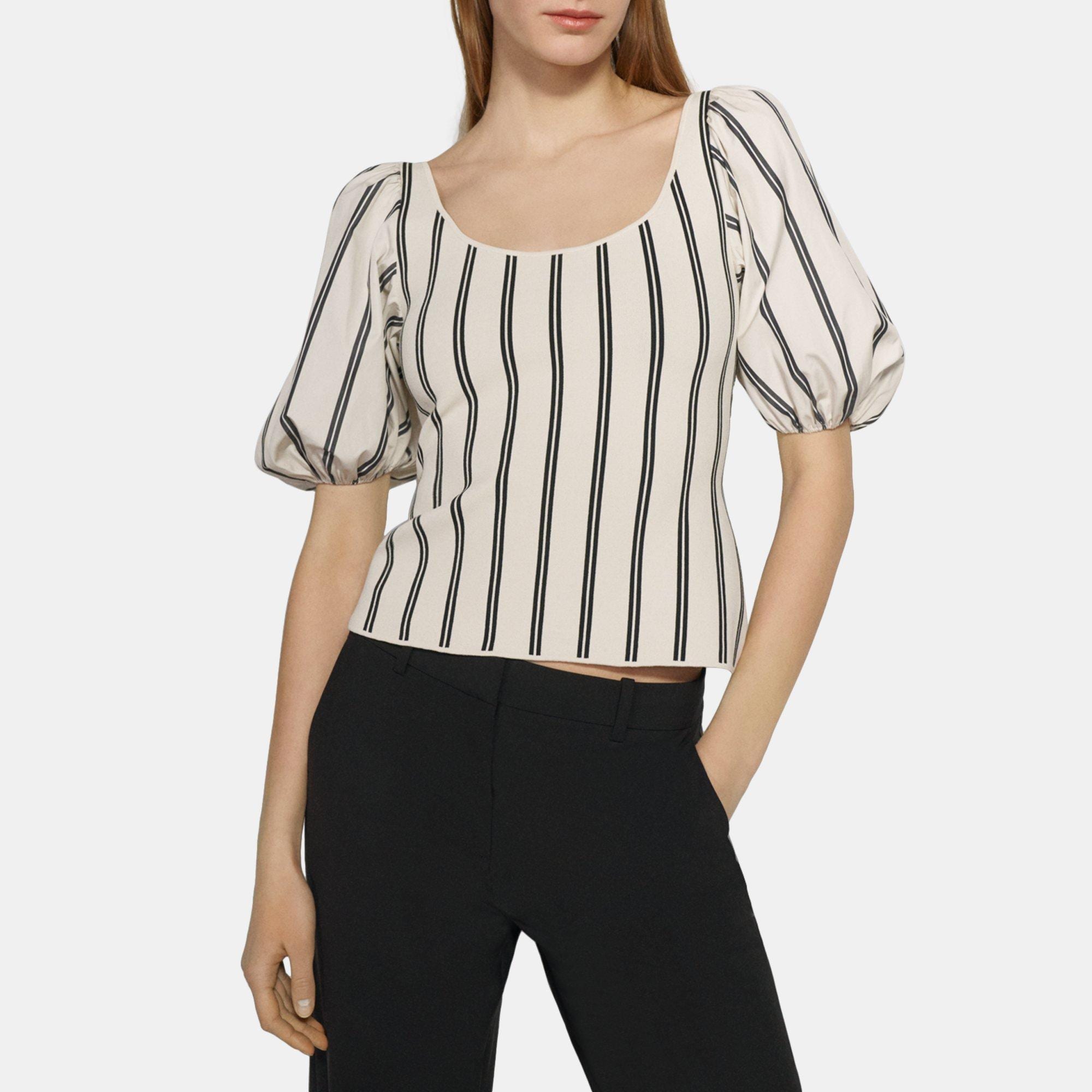 Theory Puff Sleeve Top in Striped Stretch Knit