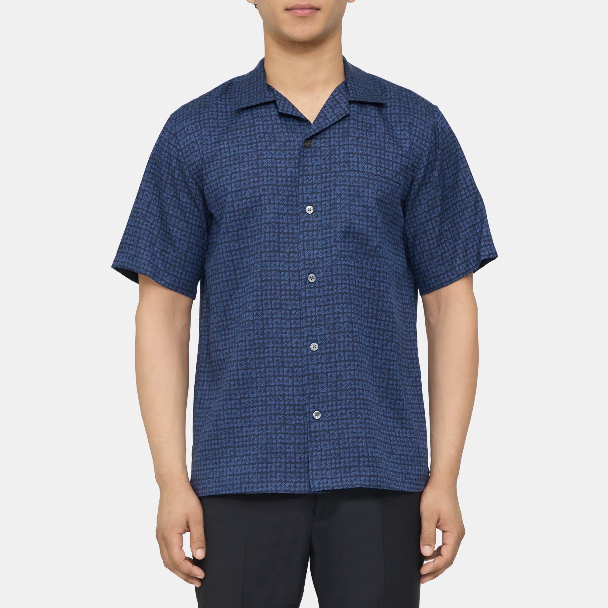 Theory Camp Collar Short-Sleeve Shirt in Printed Lyocell