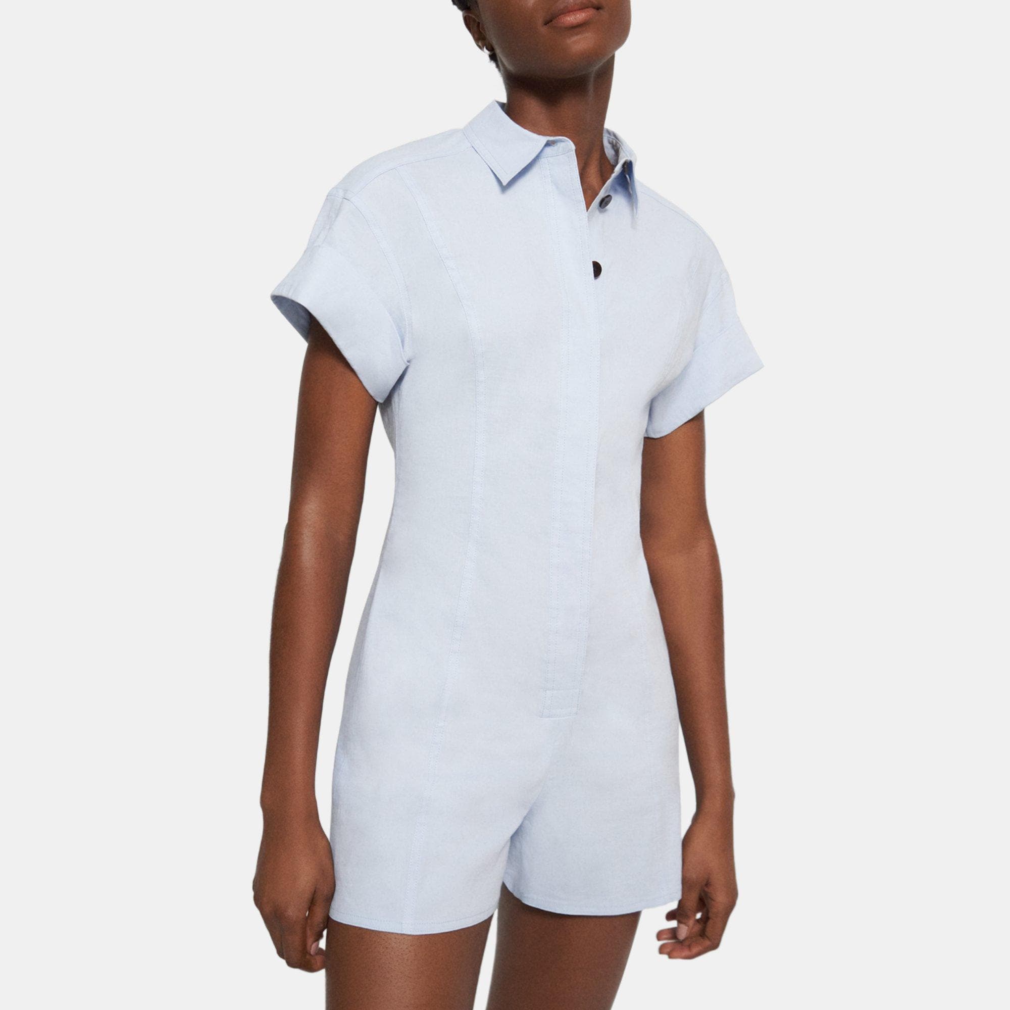 Theory Shirt Romper in Stretch Linen