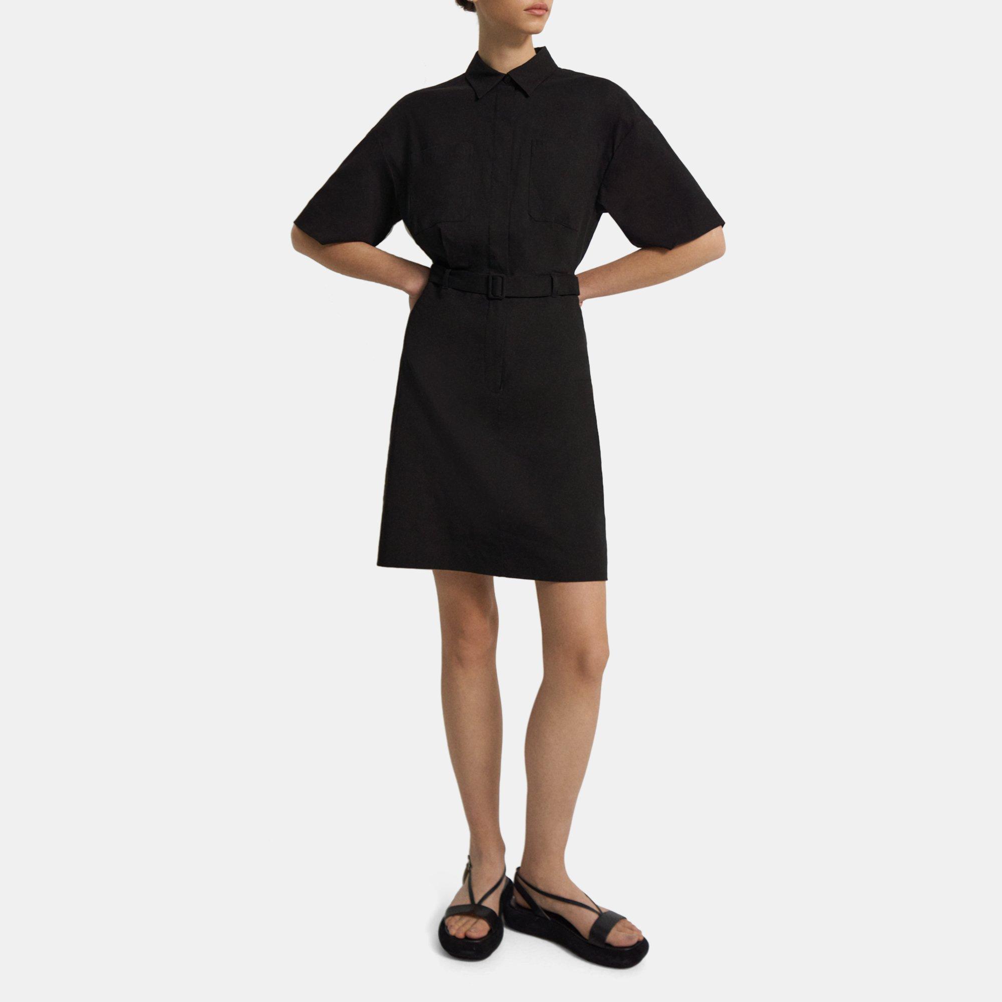 Black Stretch Linen Belted Shirt Dress | Theory Outlet