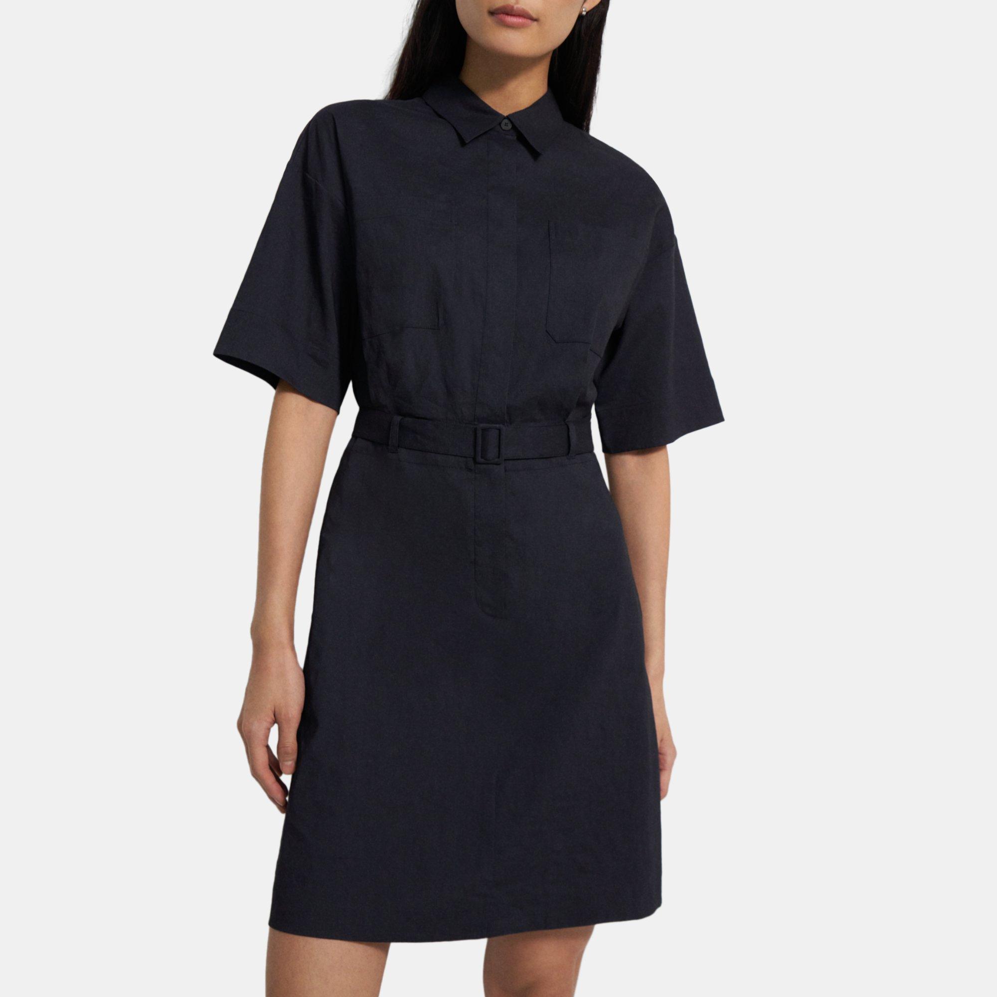 Blue Stretch Linen Belted Shirt Dress