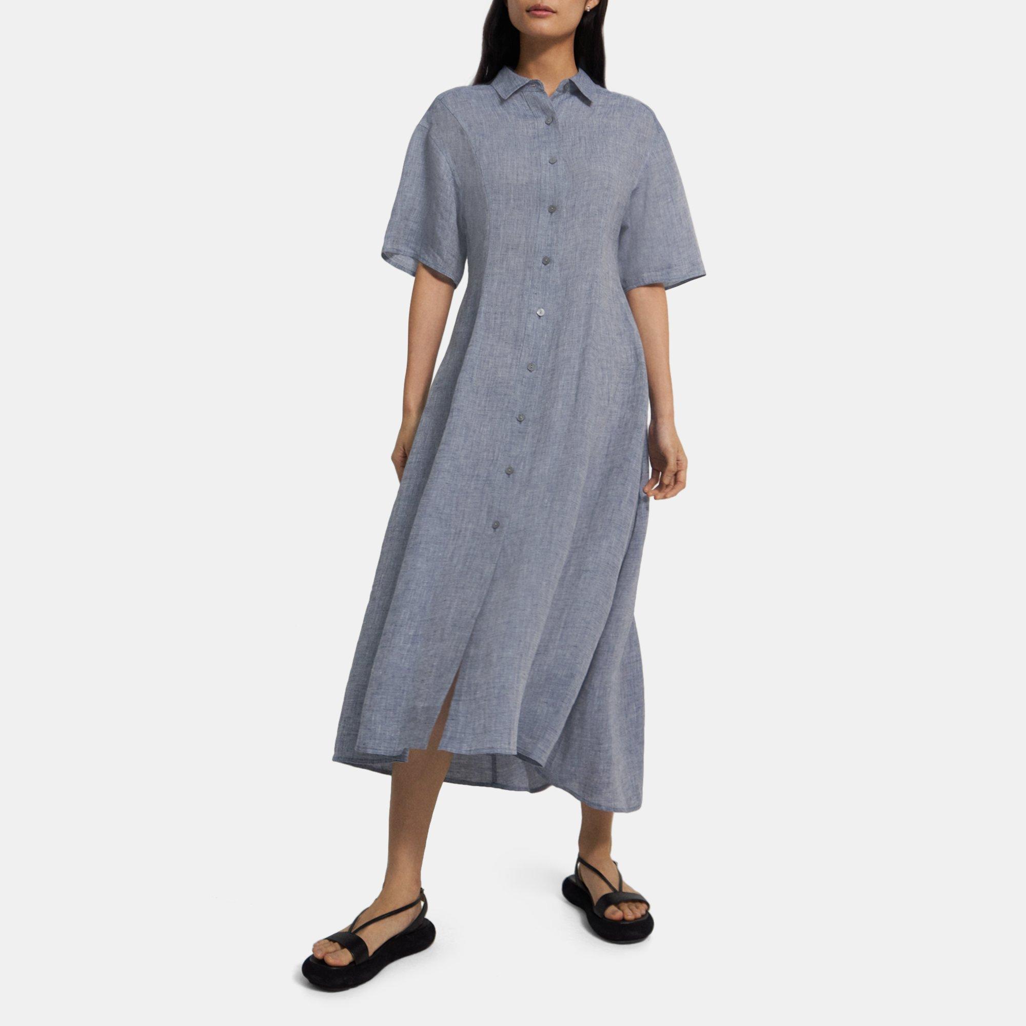 띠어리 Theory Short-Sleeve Shirt Dress in Hemp,CHAMBRAY