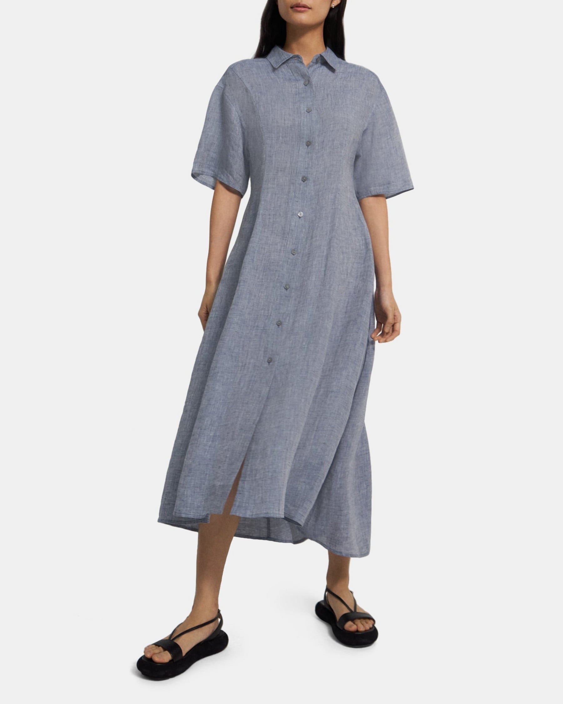 띠어리 Theory Short-Sleeve Shirt Dress in Hemp,CHAMBRAY