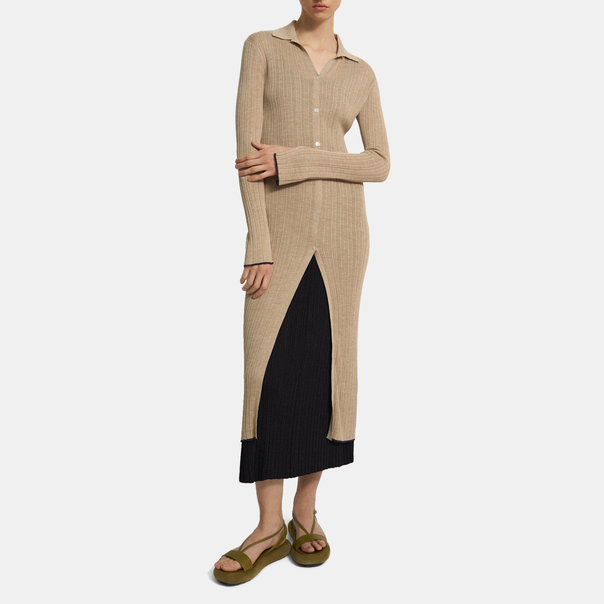 Theory Long Ribbed Cardigan in Washable Silk