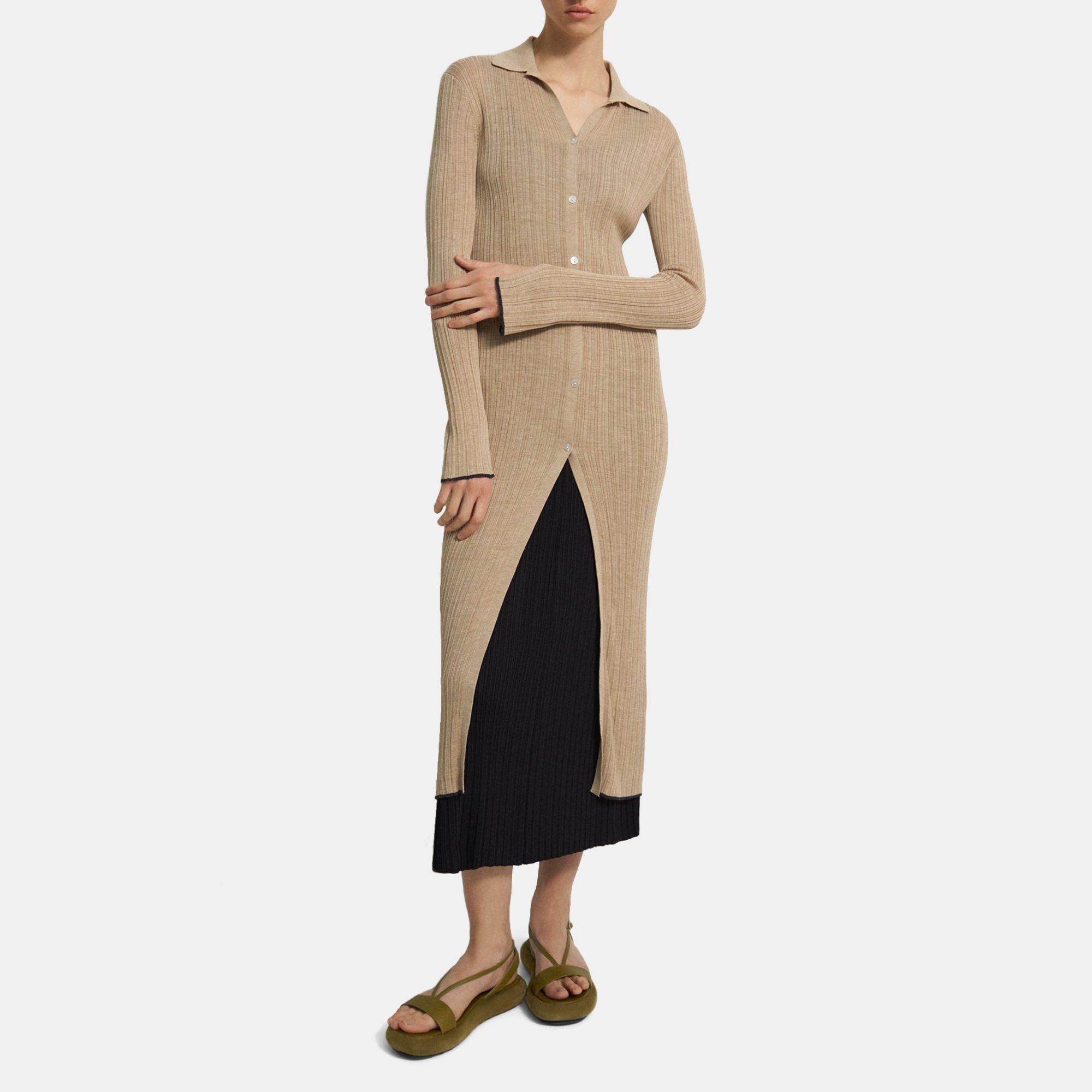 띠어리 Theory Long Ribbed Cardigan in Washable Silk,OAT MELANGE