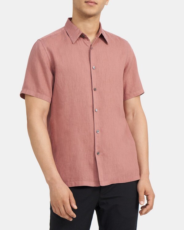 띠어리 린넨 반팔 셔츠 M033502R Theory Standard-Fit Short-Sleeve Shirt in Linen,BURLWOOD