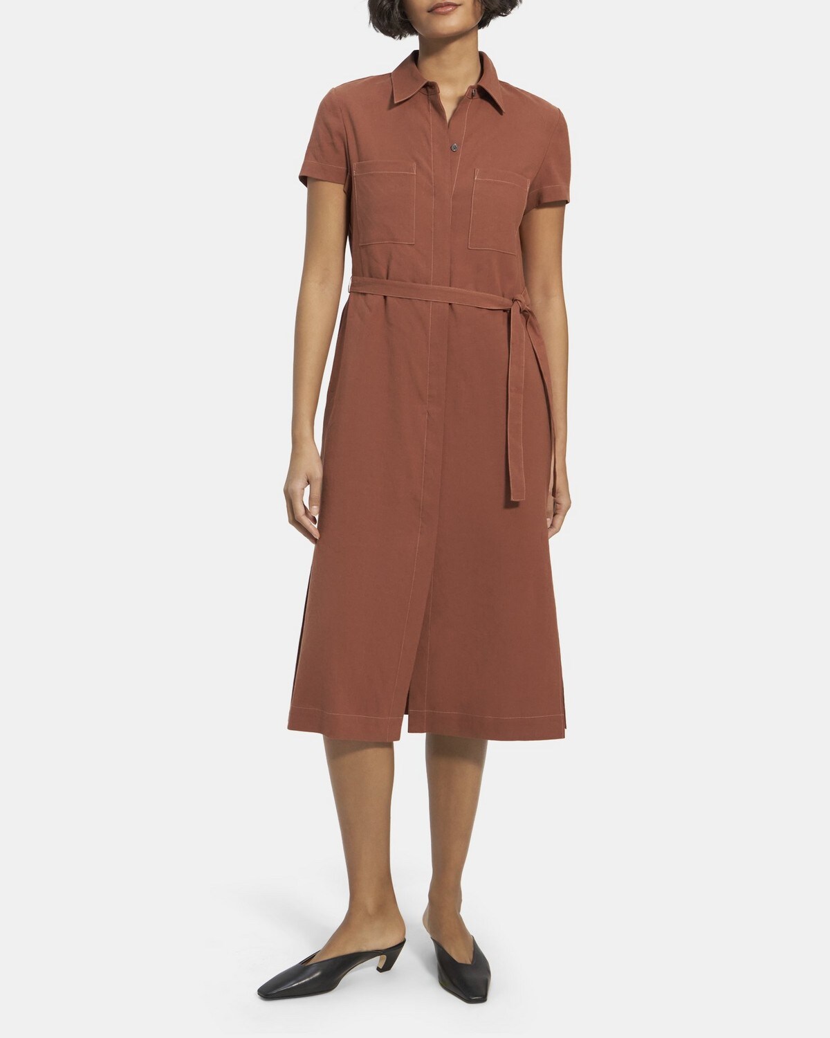 띠어리 린넨 셔츠 원피스 M033603R Theory Short-Sleeve Shirt Dress in Linen,TERRACOTTA
