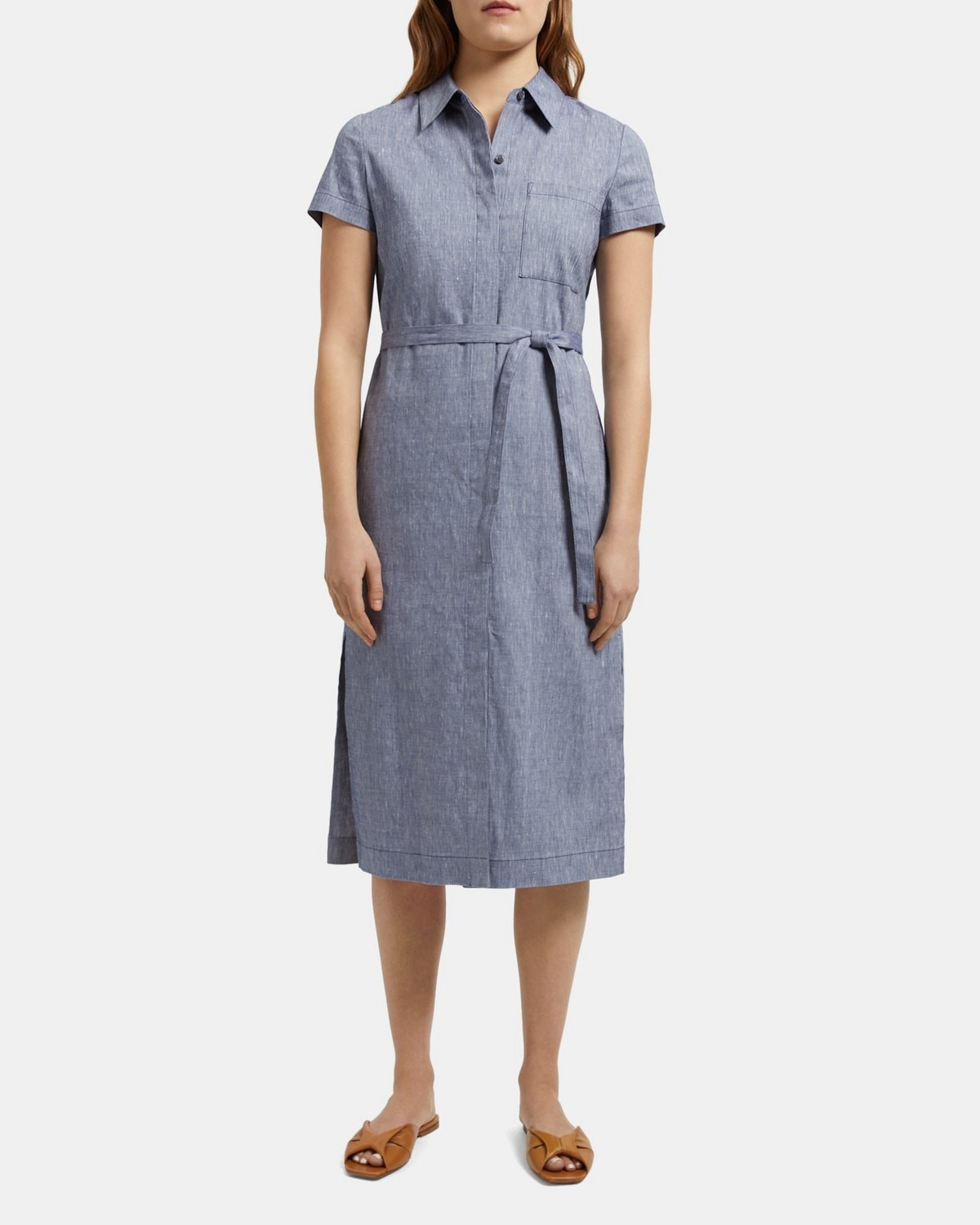 Theory Short-Sleeve Shirt Dress in Linen Blend Melange