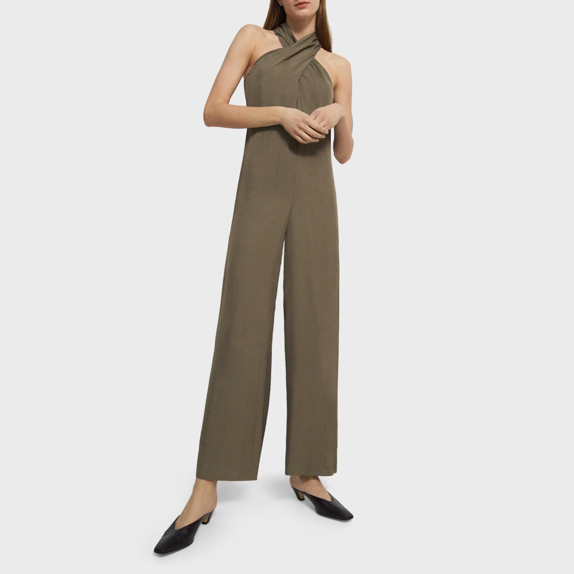 Theory Sleeveless Halter Jumpsuit in Washed Twill