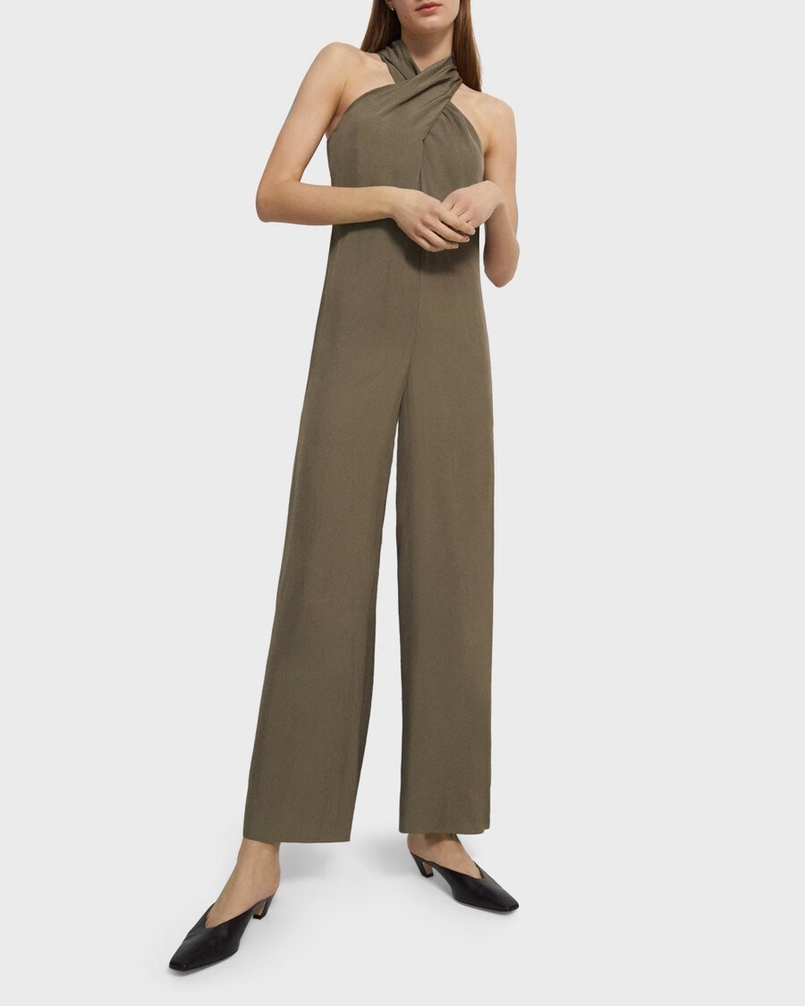 Washed Twill Twisted Halter Jumpsuit | Theory Outlet