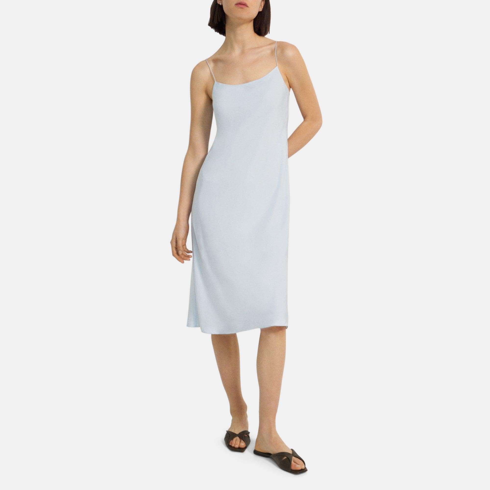 Theory Smocked Slip Dress in Washed Twill