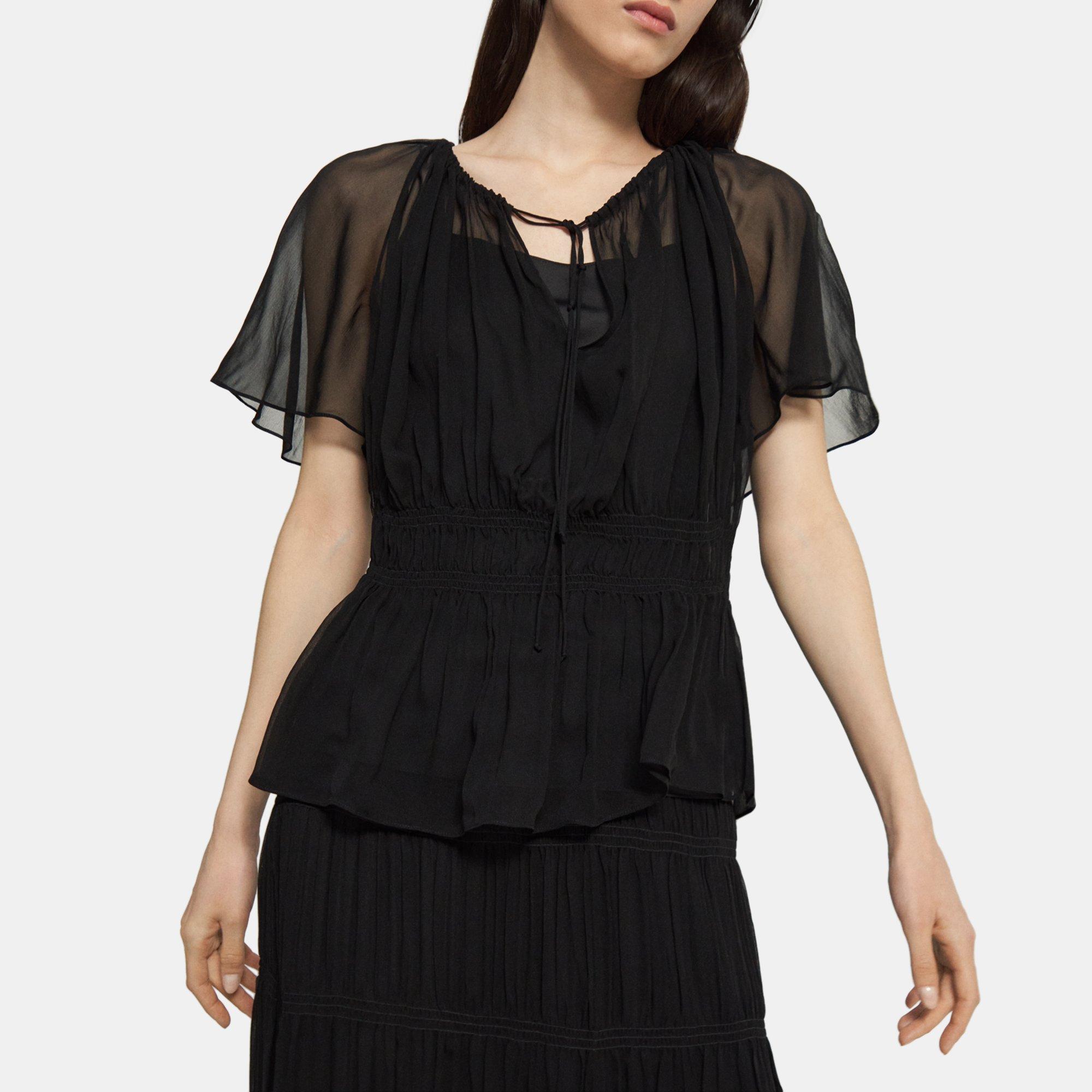 Theory Tie Neck Top in Crinkled Silk Chiffon