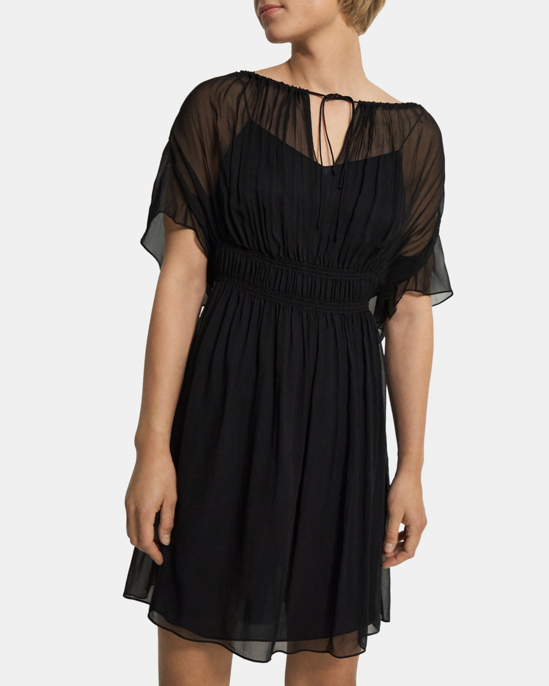 띠어리 Theory Tie Neck Mini Dress in Crinkled Silk Chiffon,BLACK