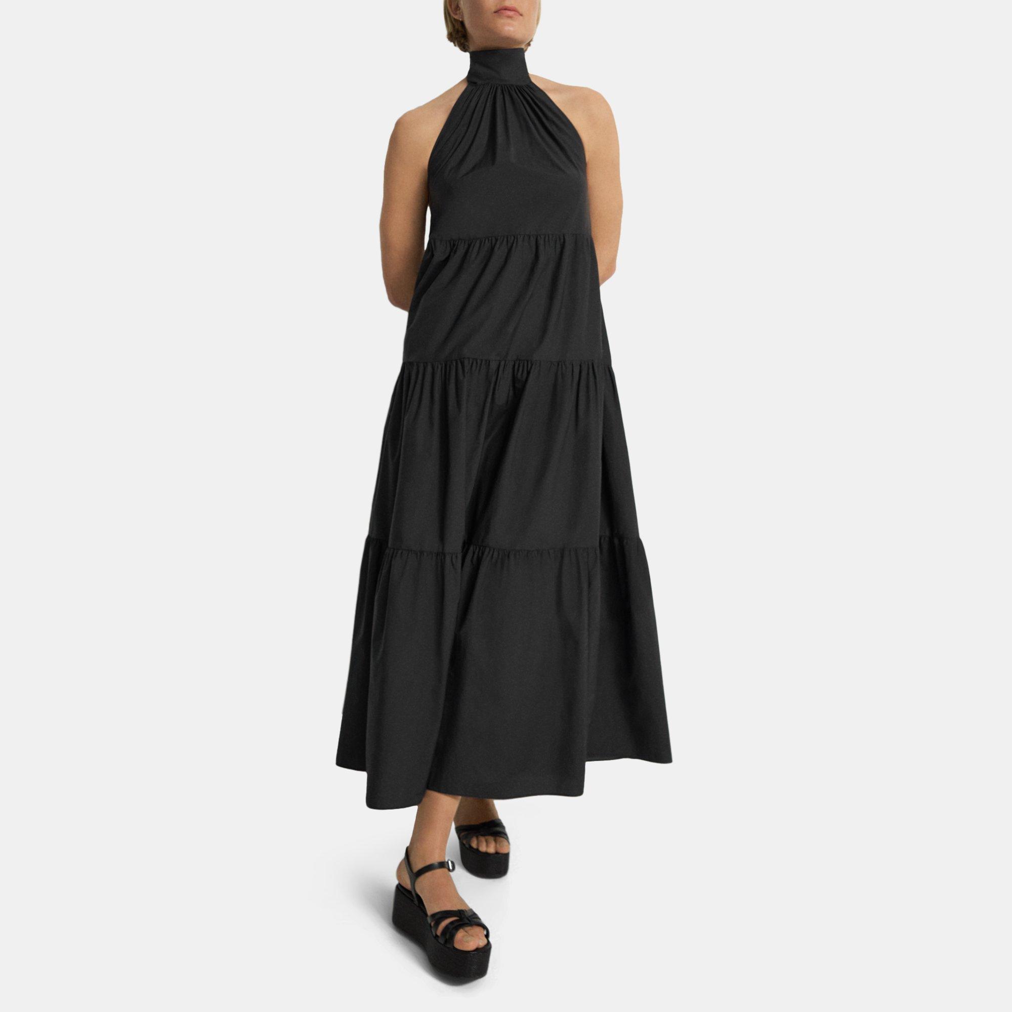 띠어리 Theory Tiered Halter Maxi Dress in Cotton Blend,BLACK