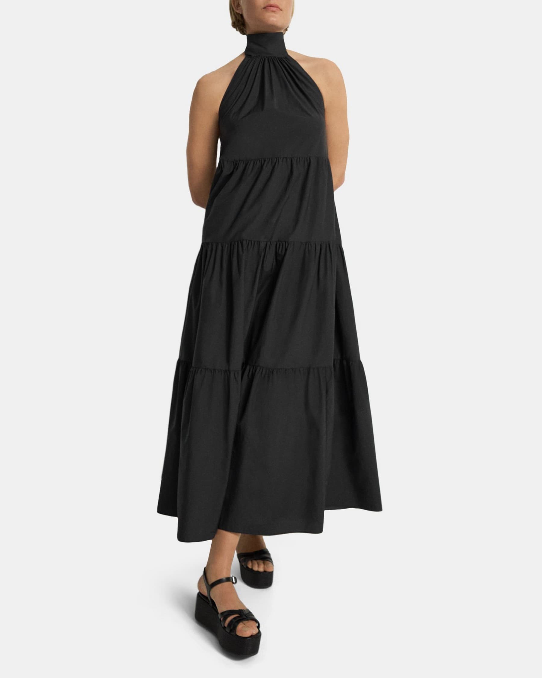 띠어리 Theory Tiered Halter Maxi Dress in Cotton Blend,BLACK