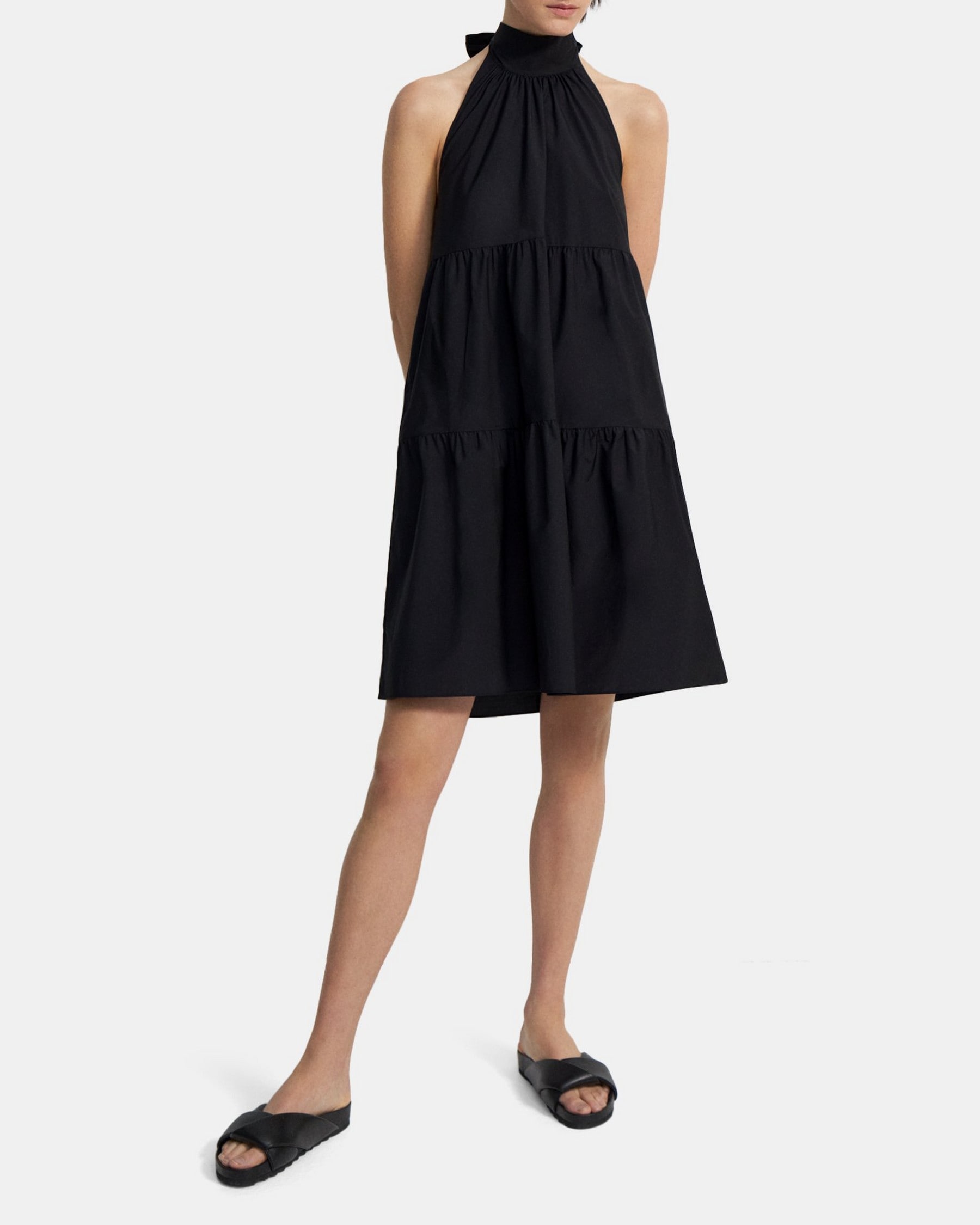 띠어리 Theory Tiered Halter Mini Dress in Cotton Blend,BLACK