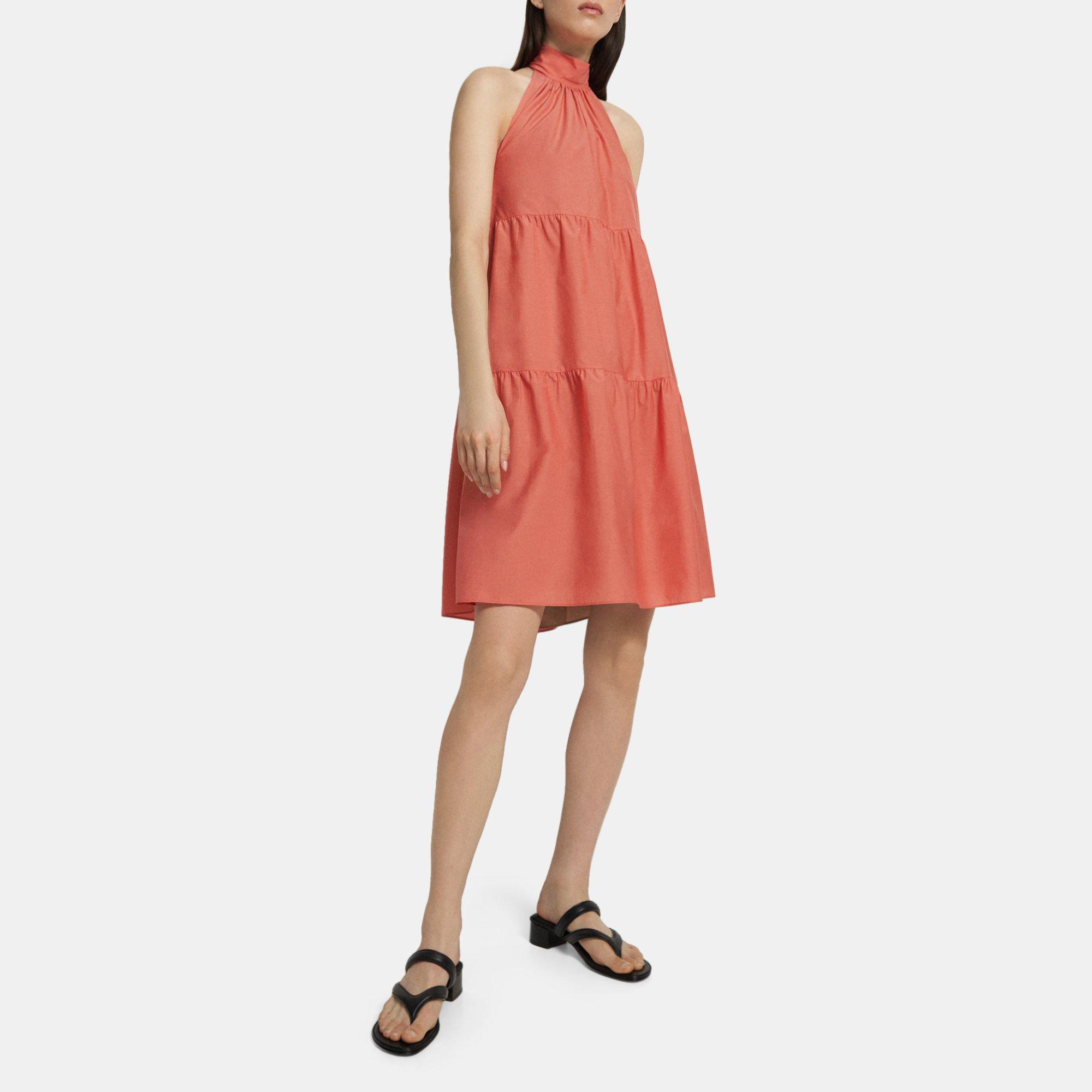 띠어리 Theory Tiered Halter Mini Dress in Cotton Blend,PINK CORAL