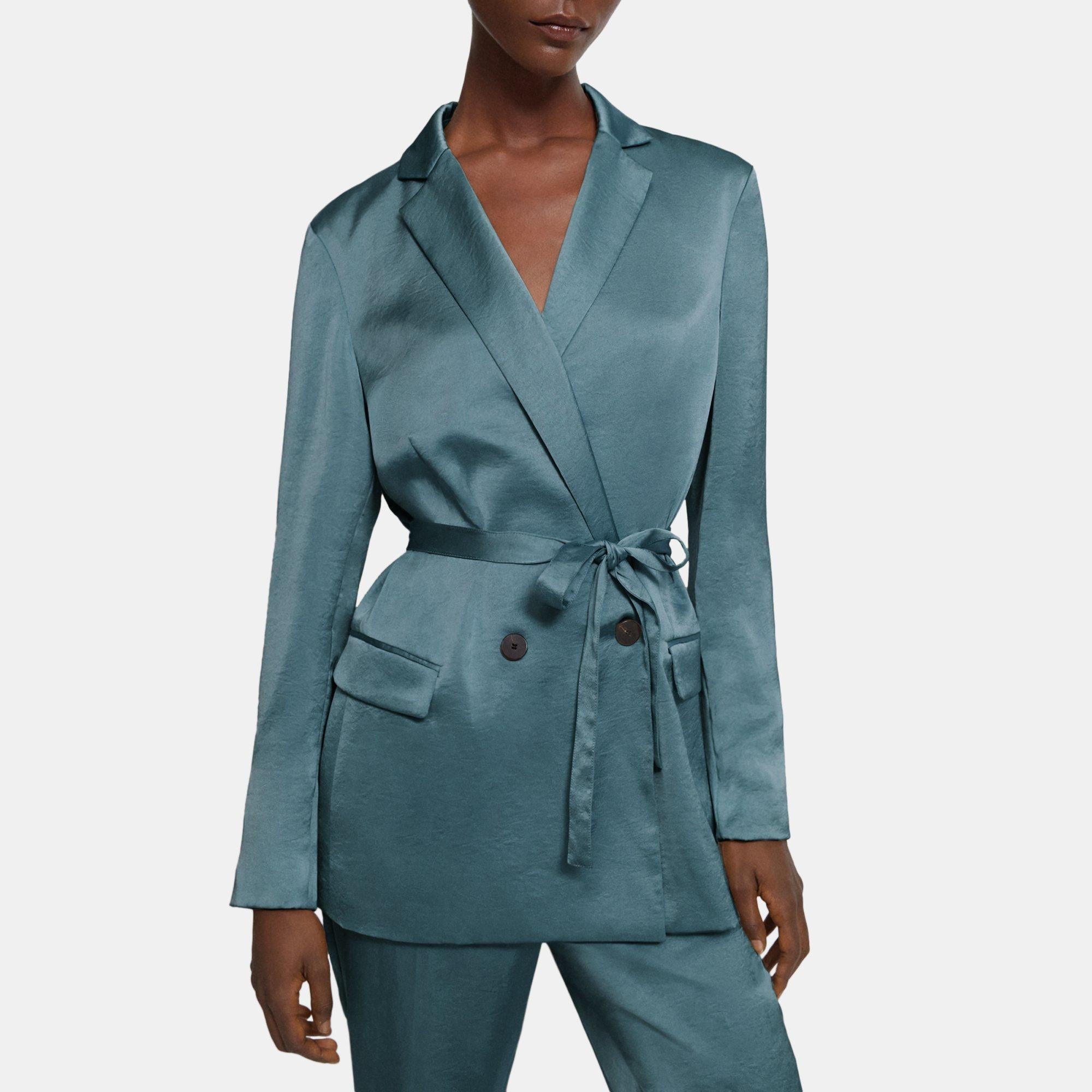 띠어리 Theory Belted Double-Breasted Blazer in Crushed Satin,SEAFOAM