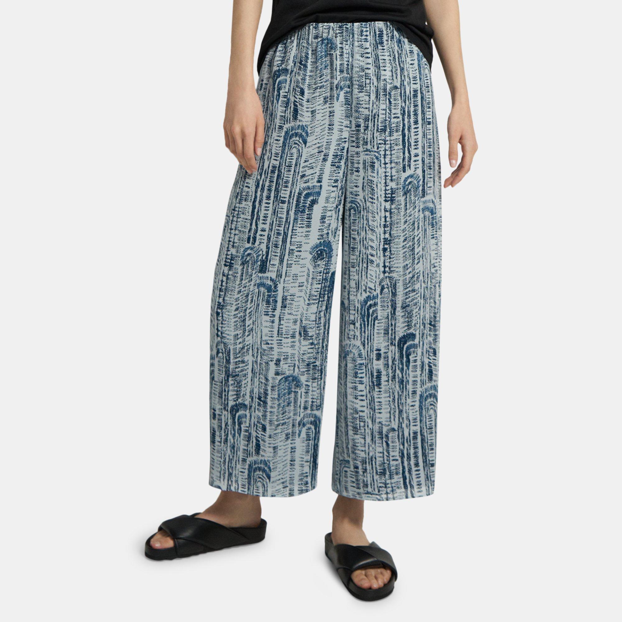 Blue Block Printed Silk Easy Wide Pull-On Pant | Theory Outlet