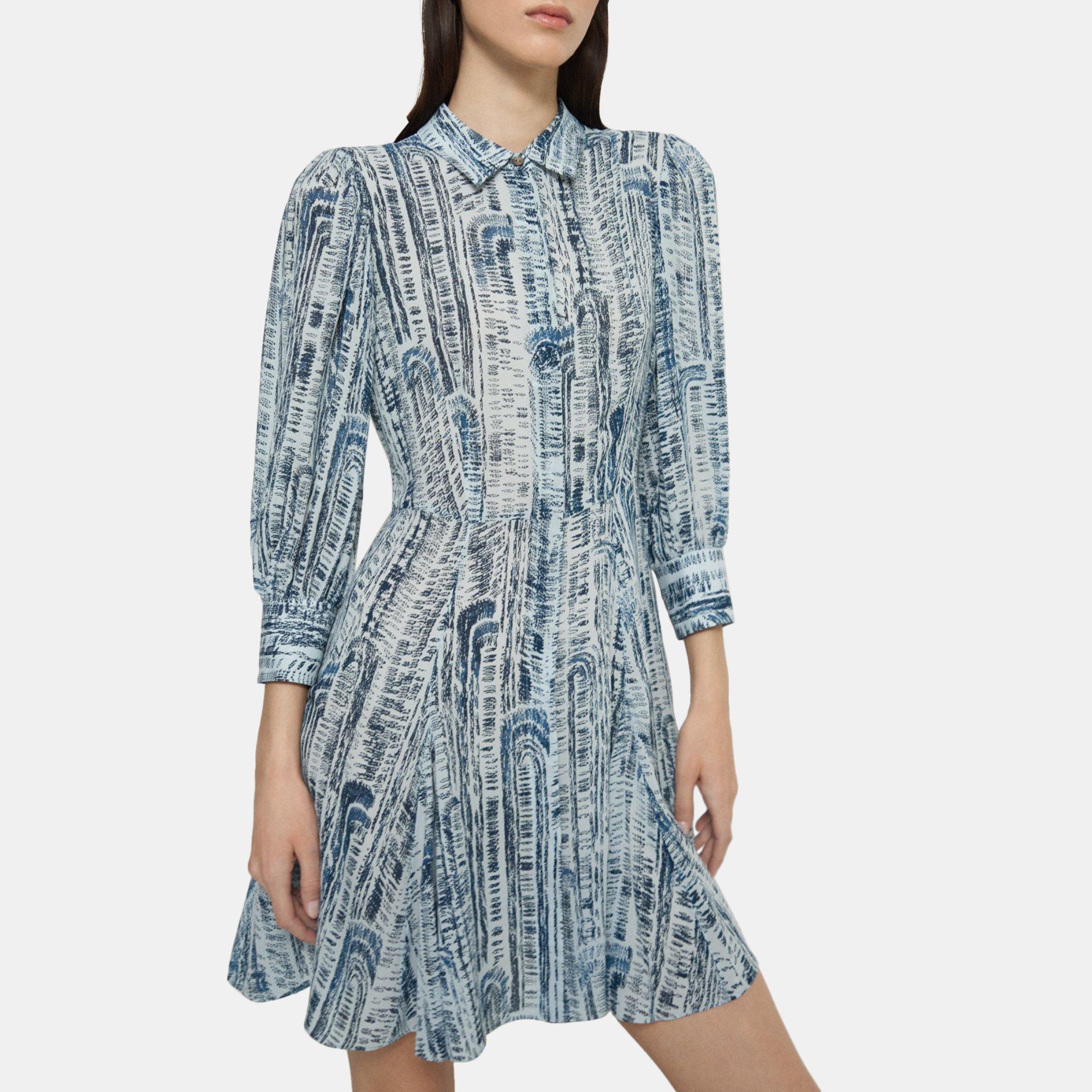 띠어리 원피스 Theory Mini Shirt Dress in Block Printed Silk,TEAL MULTI