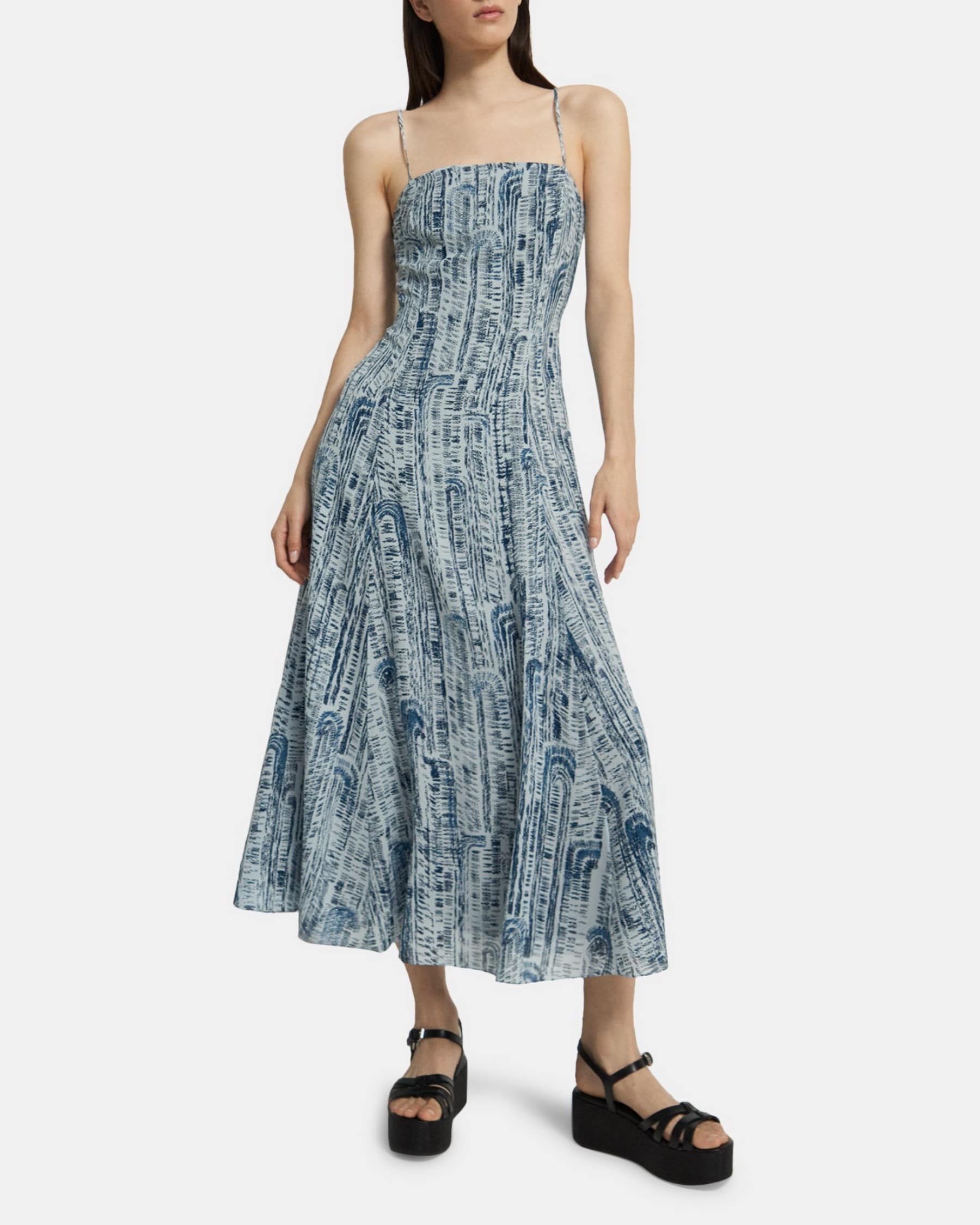 Blue Block Printed Silk Cami Midi Dress | Theory Outlet