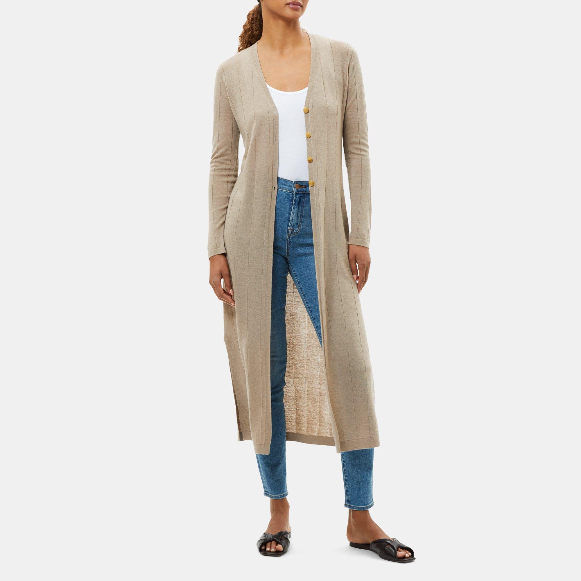 Theory Torina Rib Wool Linen Open Front Long Duster Cardigan Size XS