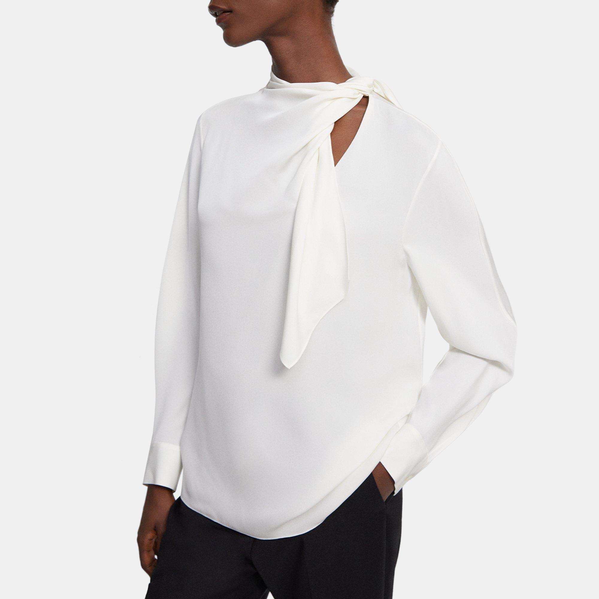 White Silk Twisted Scarf Blouse Theory Outlet