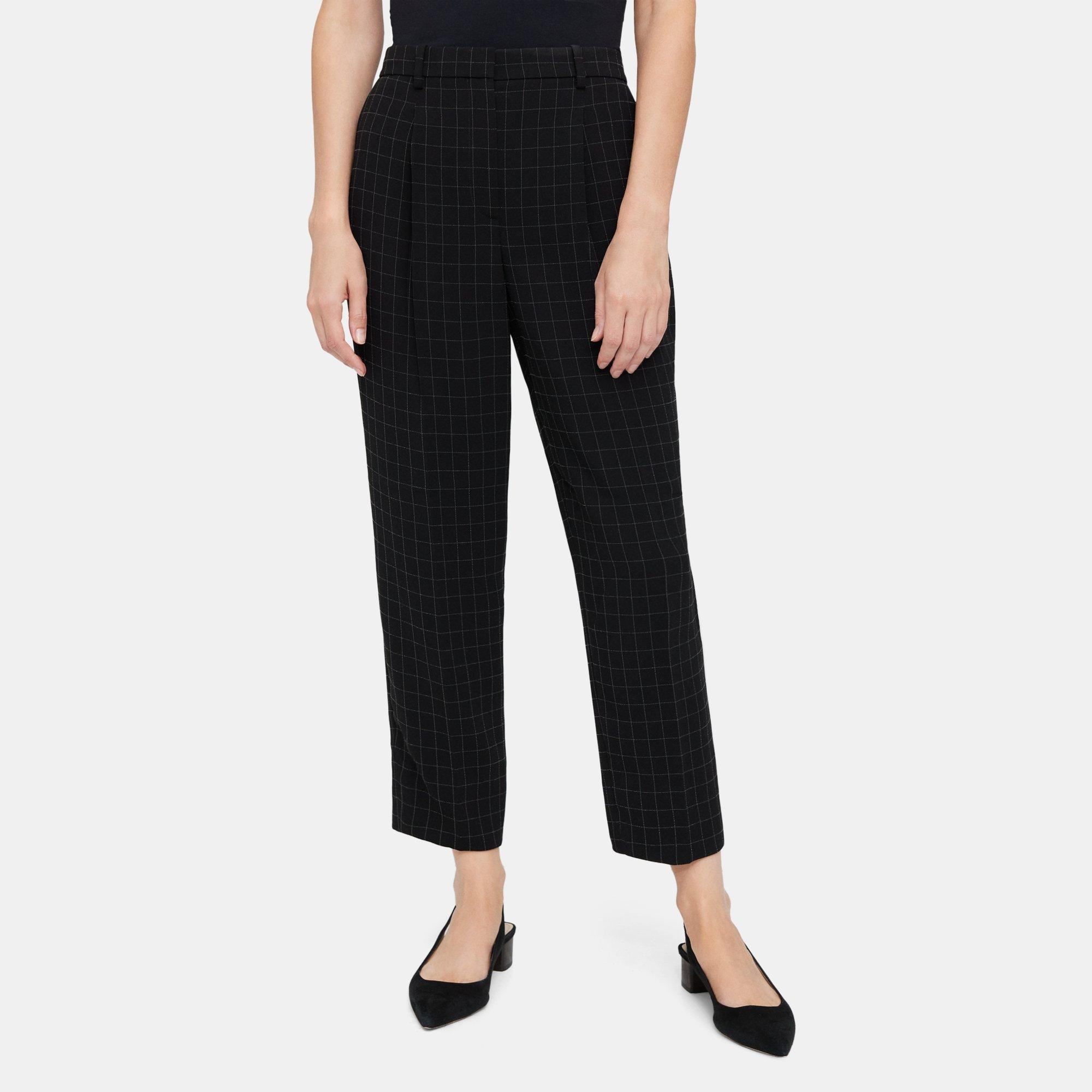 Theory Pleated Slim Cropped Pant in Checked Crepe