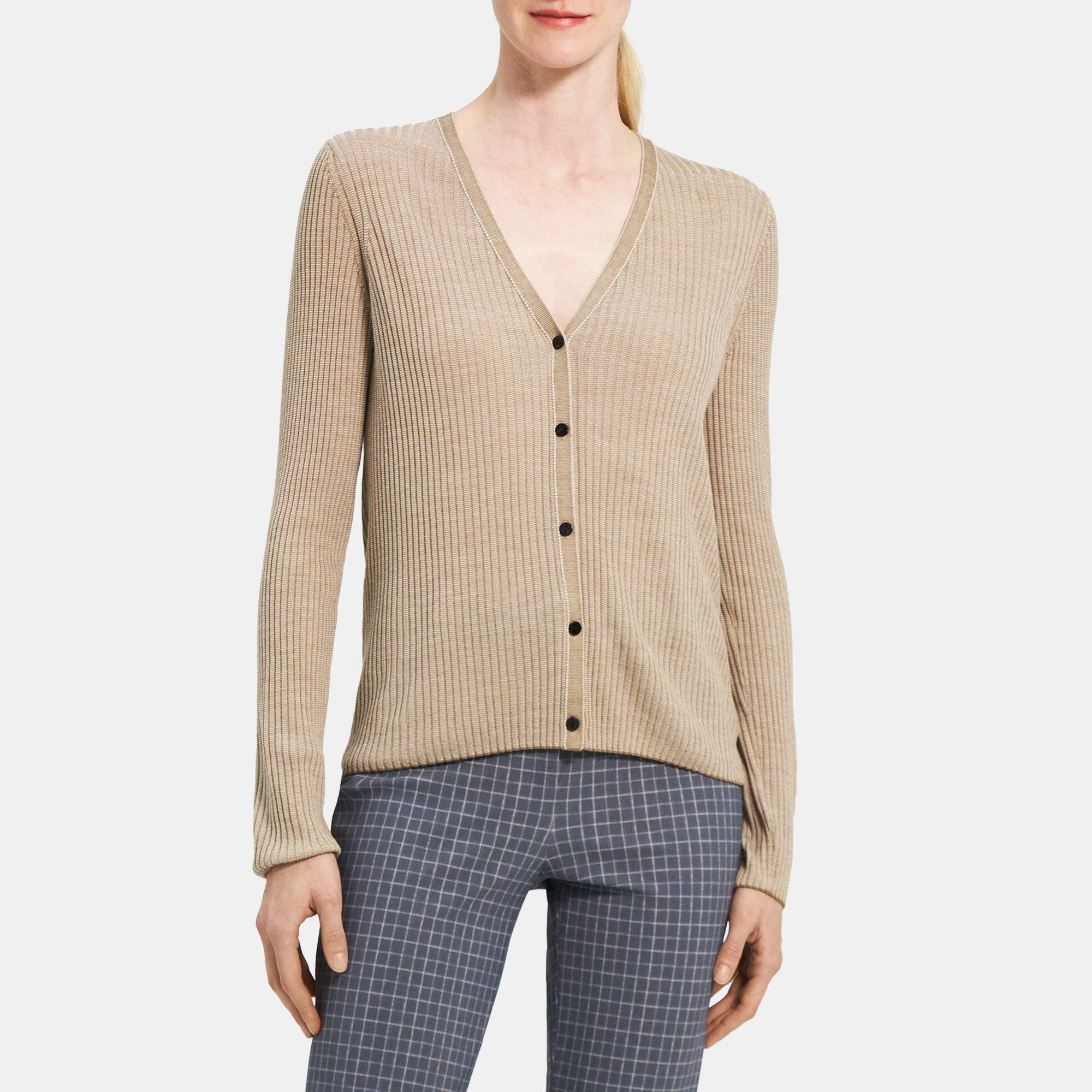 Merino Wool Rib Knit V-Neck Cardigan | Theory Outlet