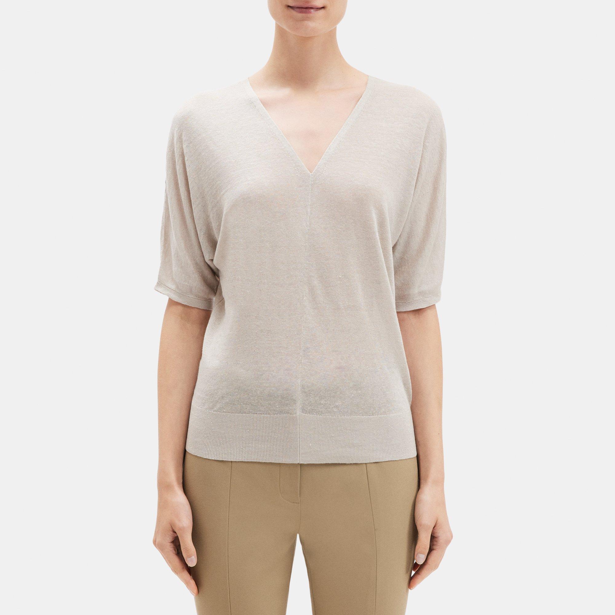 Theory V-Neck Short-Sleeve Sweater in Knit Linen
