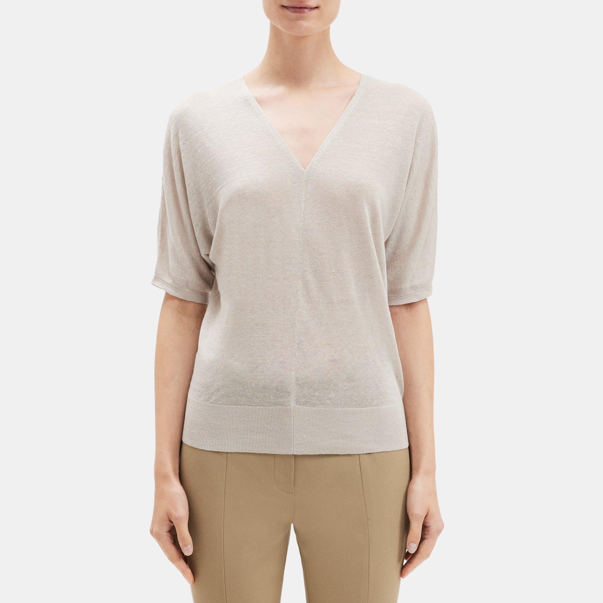 띠어리 Theory V-Neck Short-Sleeve Sweater in Knit Linen,FADED OAT