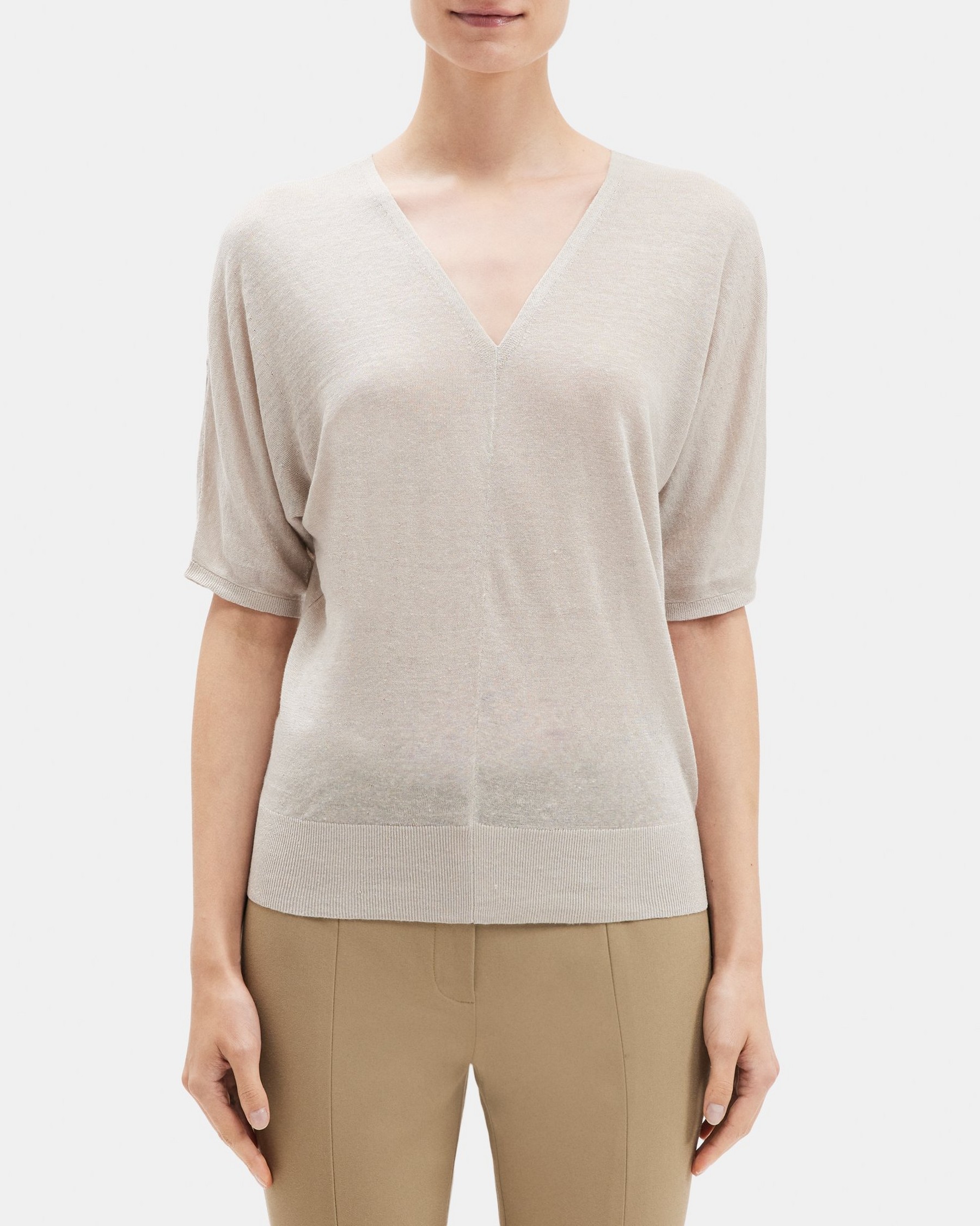 띠어리 Theory V-Neck Short-Sleeve Sweater in Knit Linen,FADED OAT