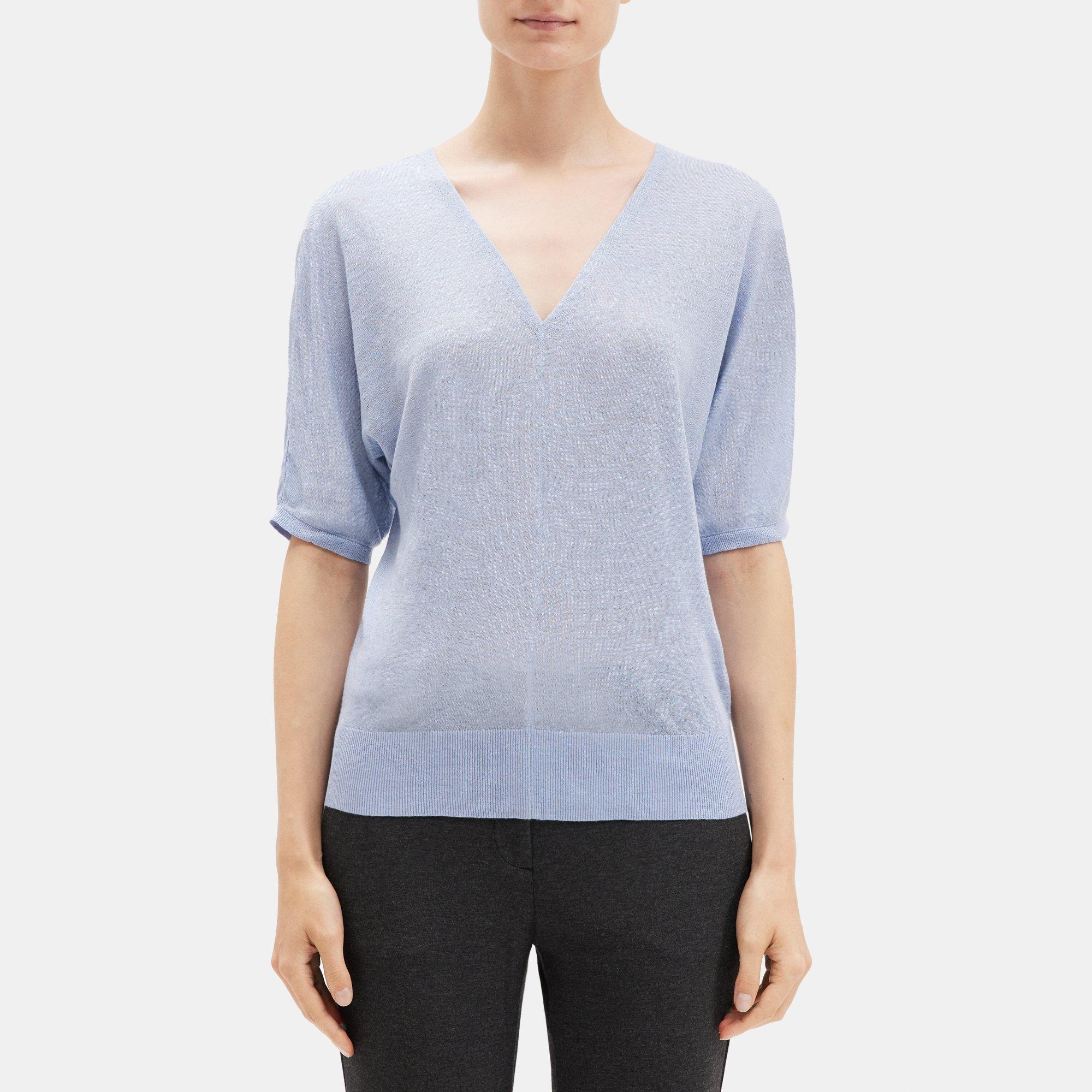 띠어리 Theory V-Neck Short-Sleeve Sweater in Knit Linen,POWDER BLUE