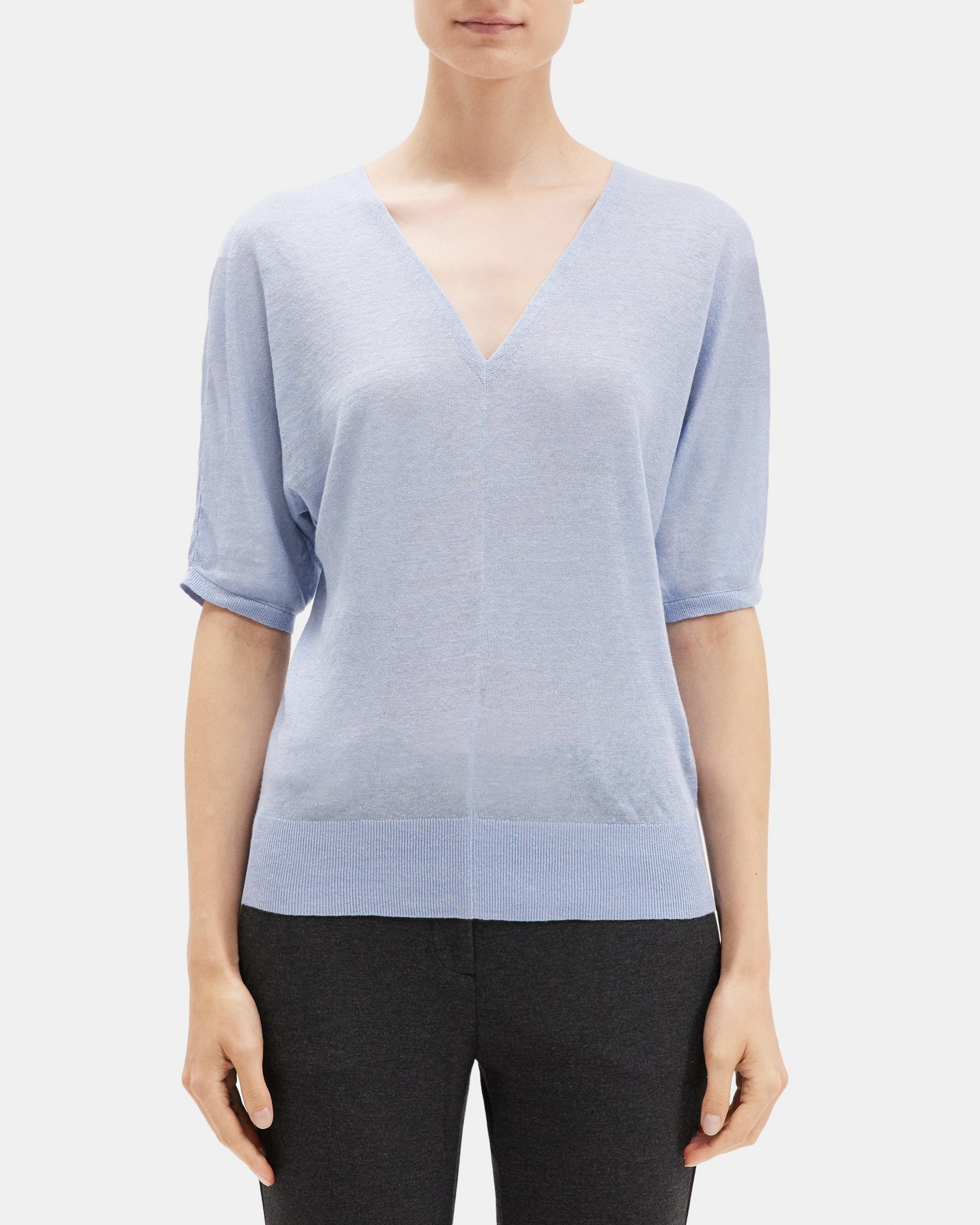 띠어리 Theory V-Neck Short-Sleeve Sweater in Knit Linen,POWDER BLUE