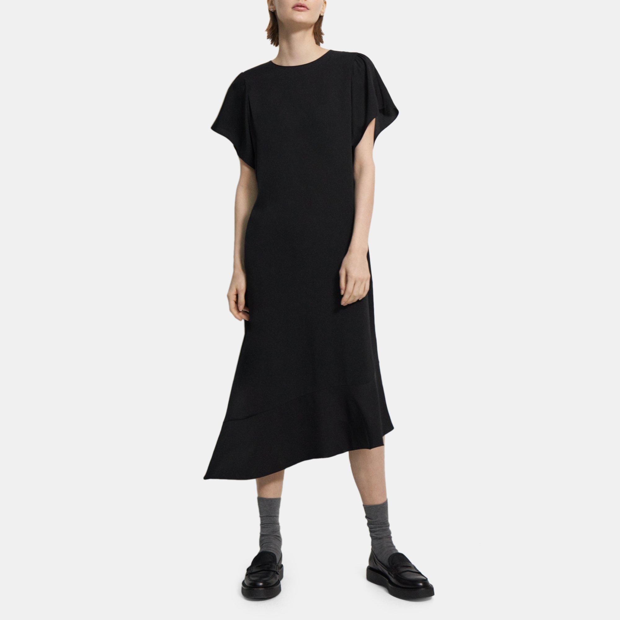 띠어리 Theory Asymmetrical Silk Georgette Dress,BLACK