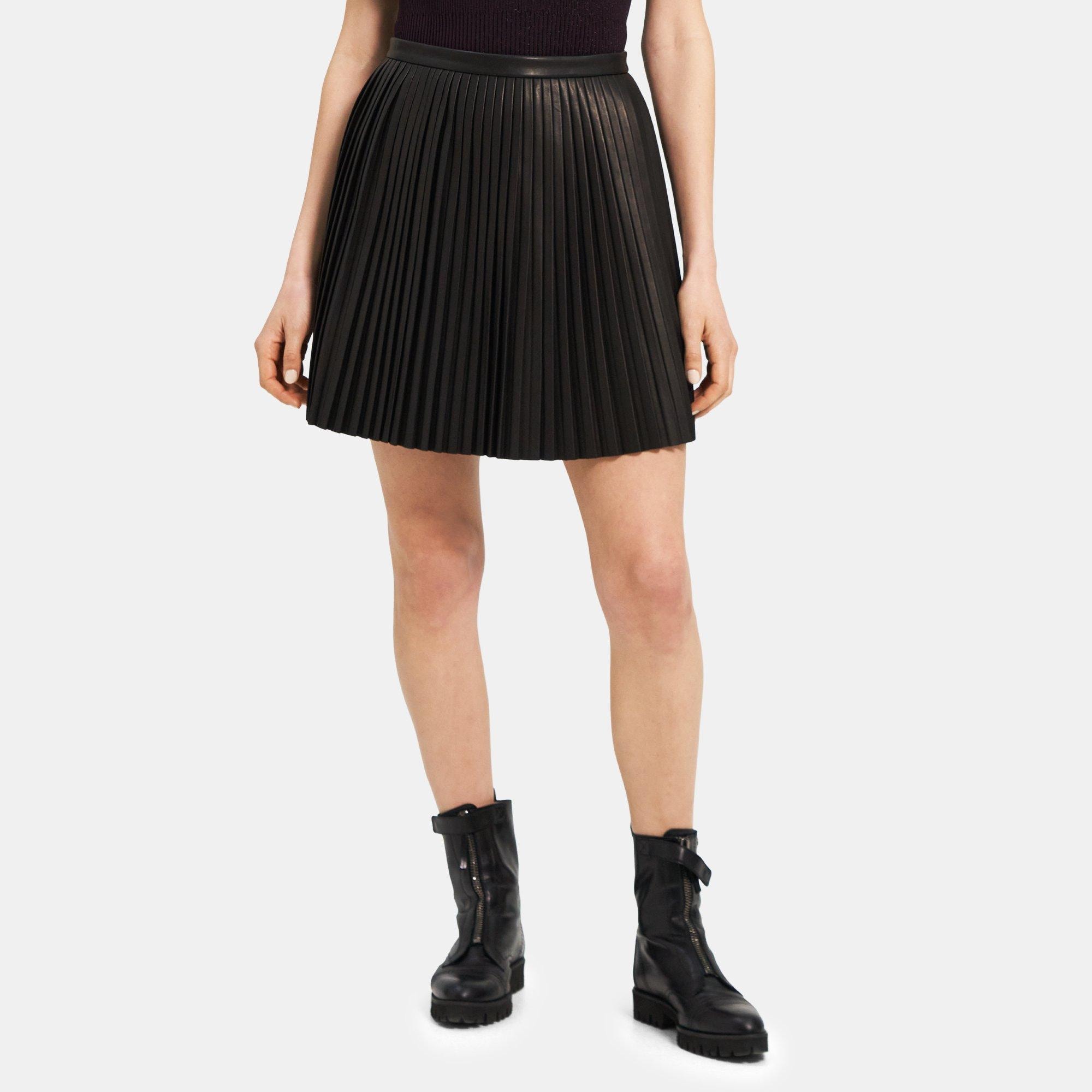 띠어리 Theory Pleat Mini Skirt in Leather,BLACK