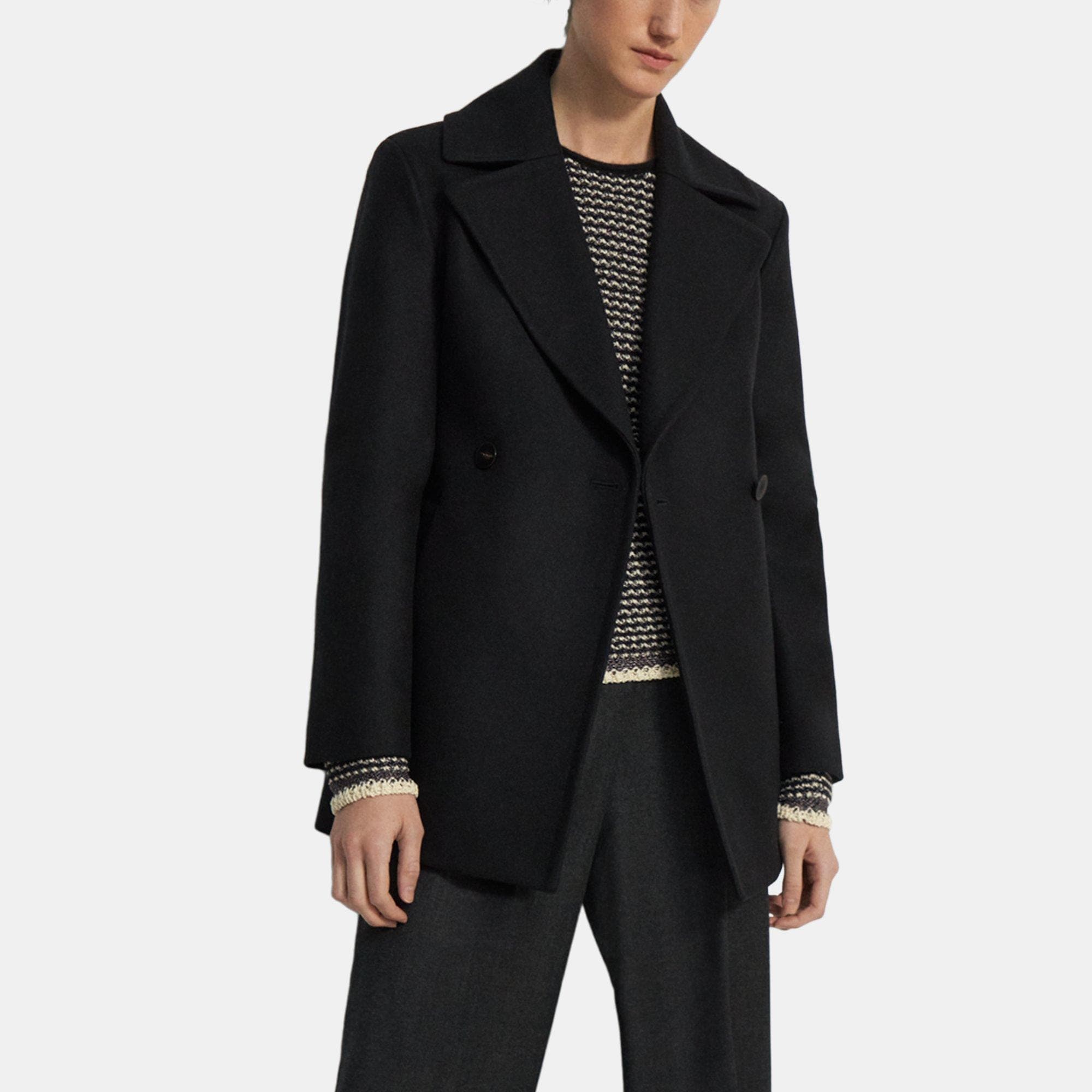 Black Recycled Wool Melton Sculpted Peacoat | Theory Outlet